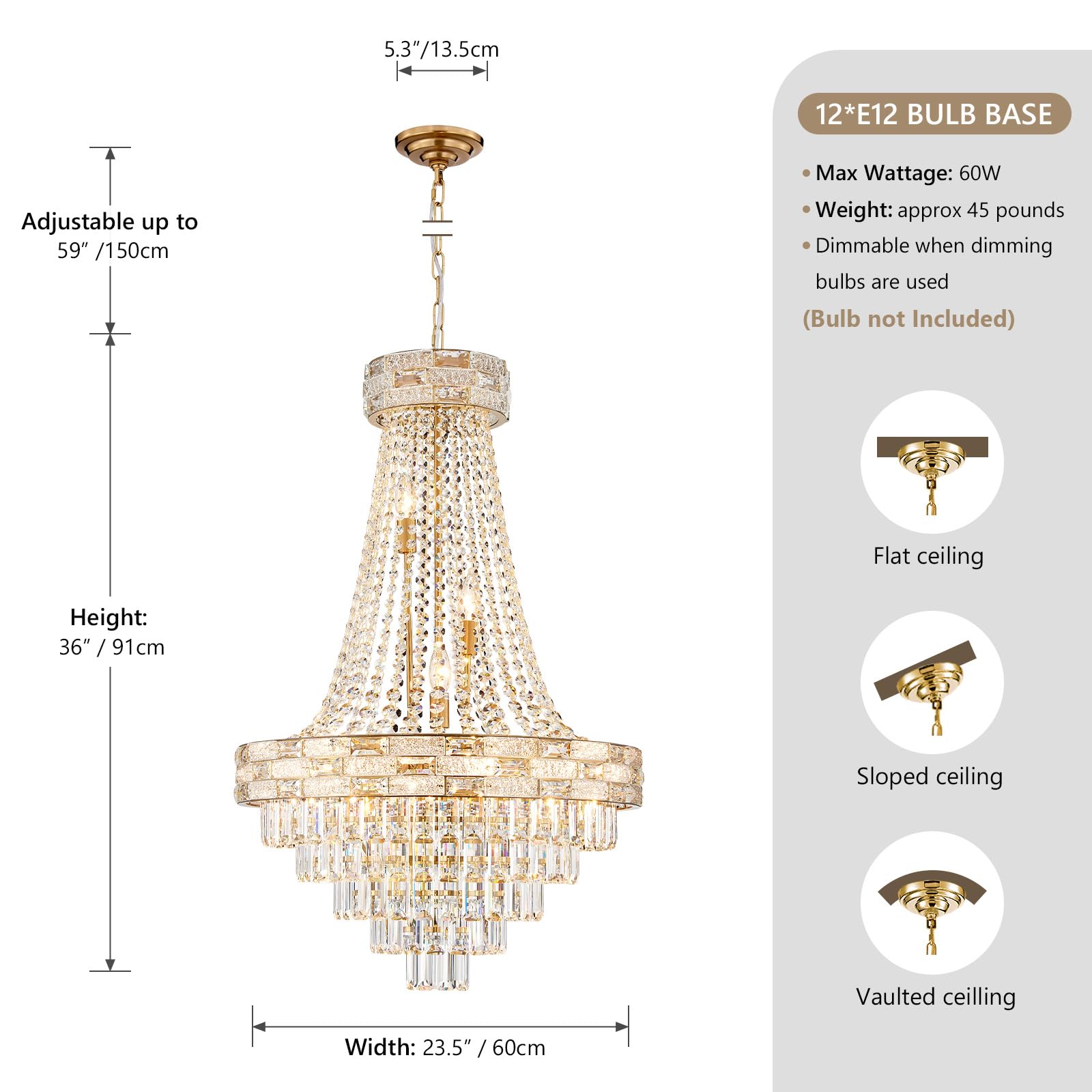 SHAOCHIAO 12-Light Gold Crystal Chandeliers,Empire Chandelier Light Fixture Modern High Ceiling Hanging Chandelier for Entryway,Foyer,Staircase,Hallway,Living Room(H36 x D23.2)