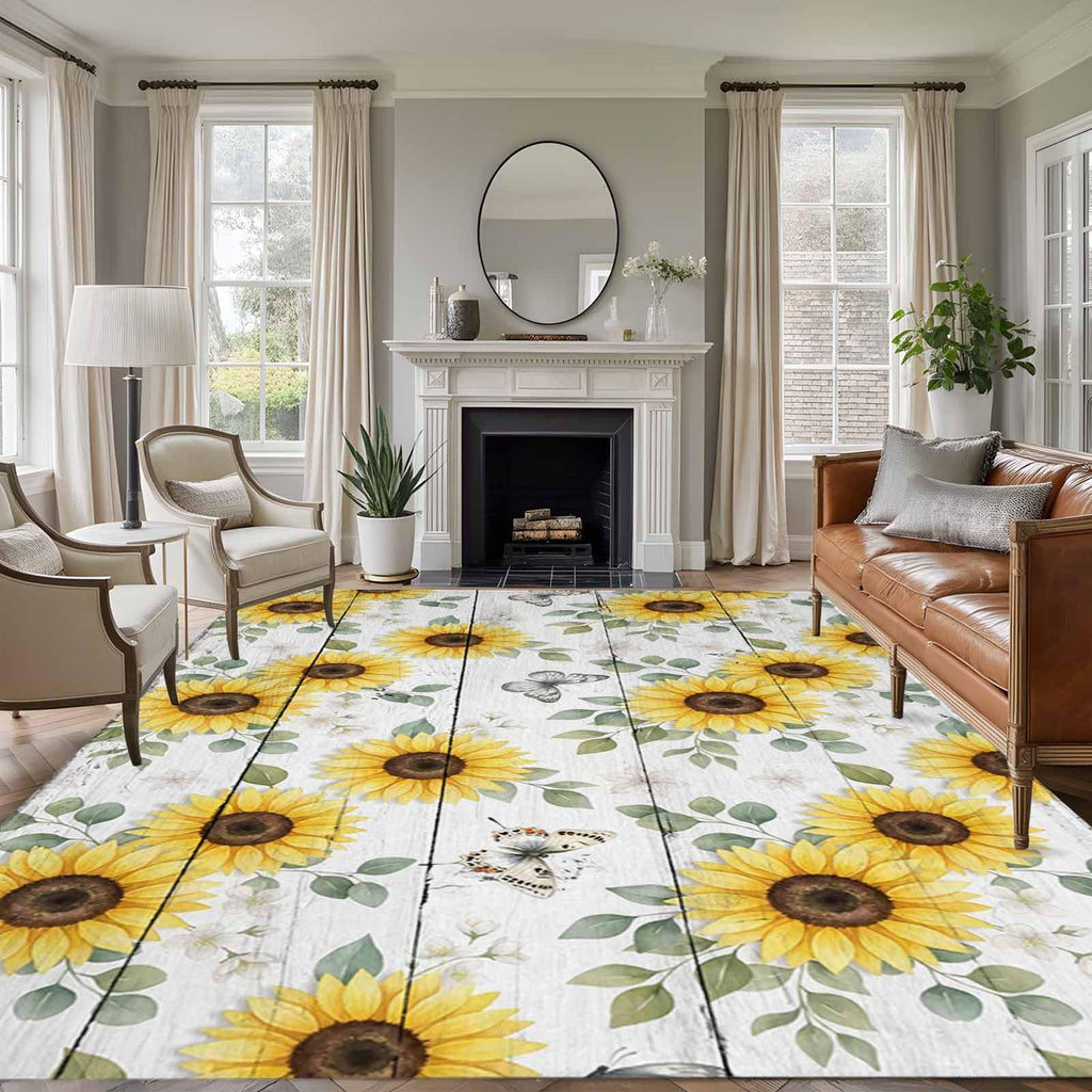 Area Rugs 8x10 for Living Room, Yellow Sunflowers Non Slip Washable Rug Runner, Summer Botanical Butterfly Leaves Wooden Low Pile Indoor Floor Carpet Mat Bathroom Rugs for Bedroom, Kids Room