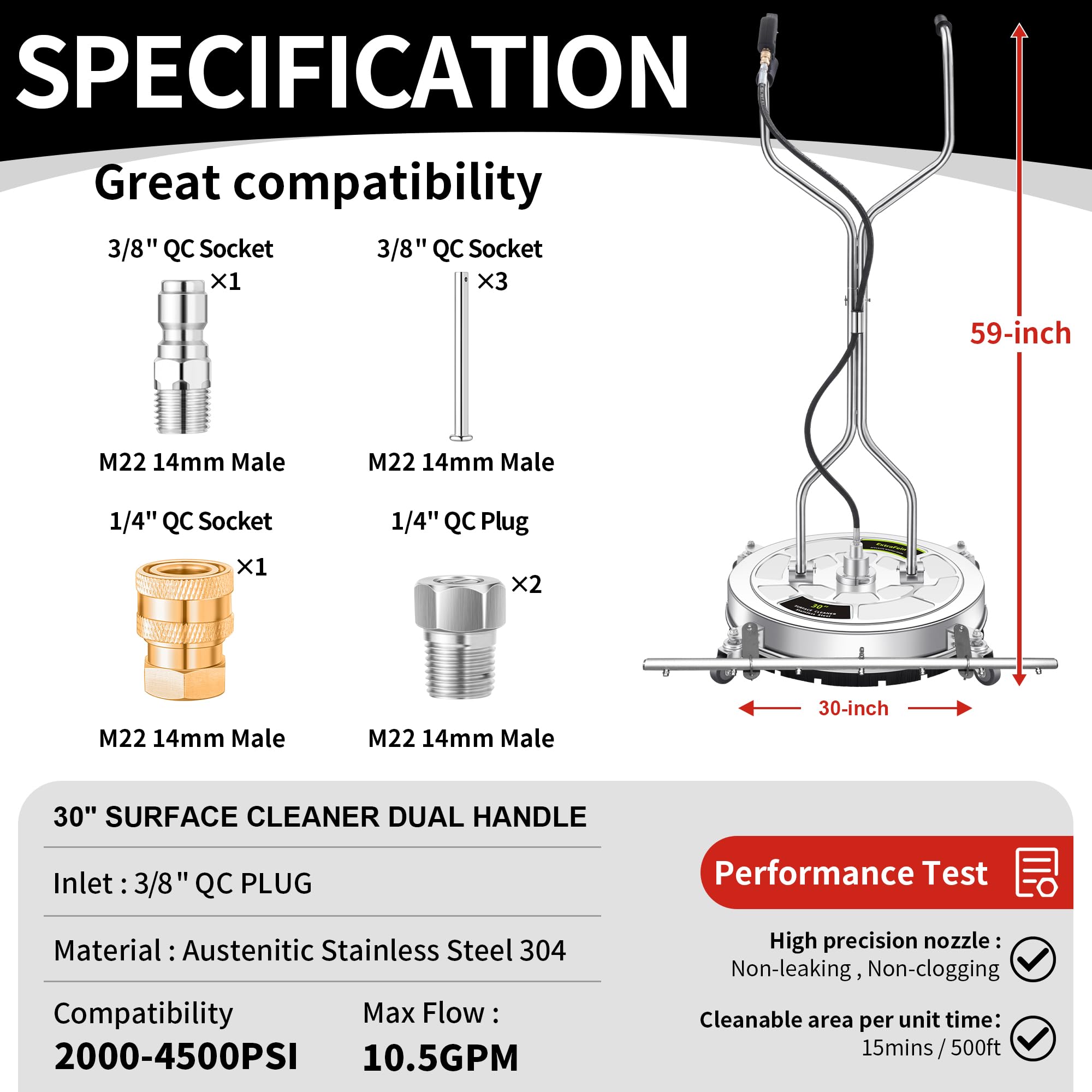 30" Pressure Washer Surface Cleaner Ultra with 7 Nozzles Water Broom, Stainless Steel Dual Handle Power Washer Surface Cleaner for Patio Decker Concrete Driveway, 5000 PSI