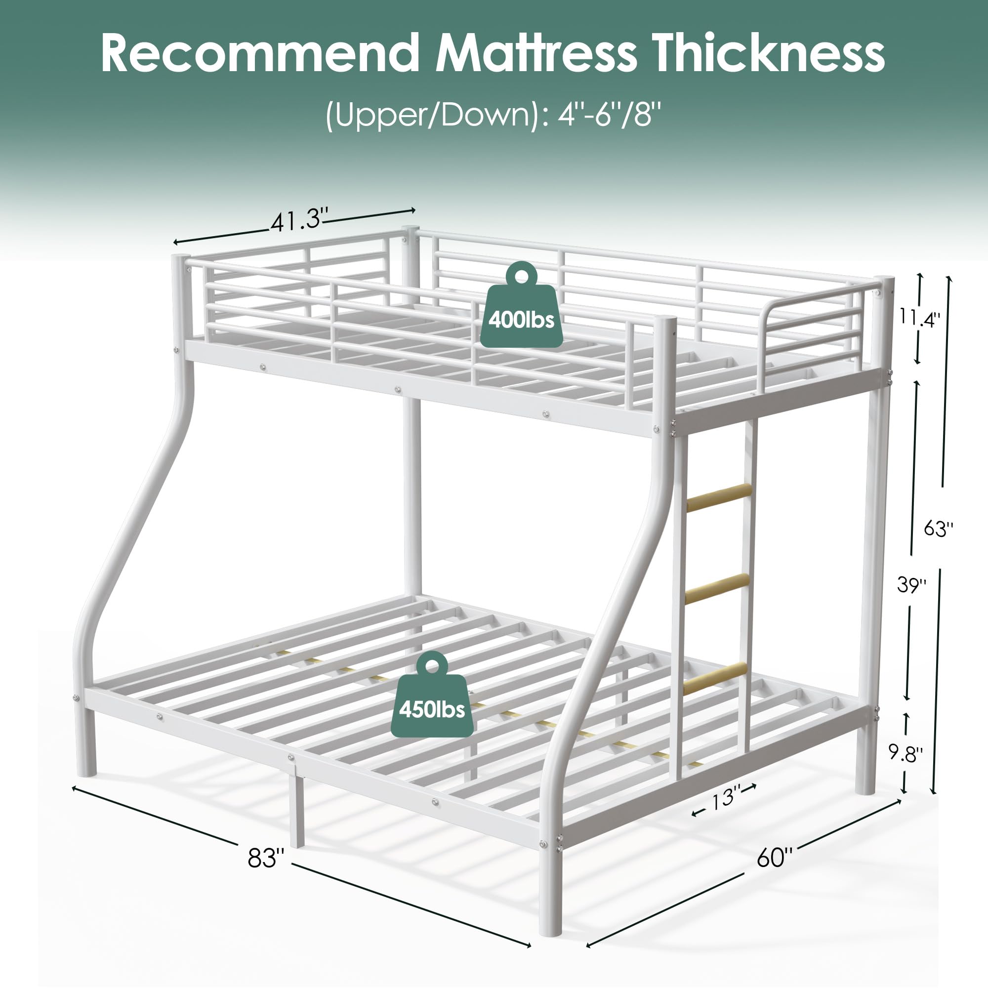 Cyranture Bunk Beds Twin XL Over Queen, Heavy Duty Bunk Beds with Bottom Space & Guardrail Metal Bunk Bed Frame for Adults Teens Dorm Bedroom Guest Room, No Box Spring Needed（White）