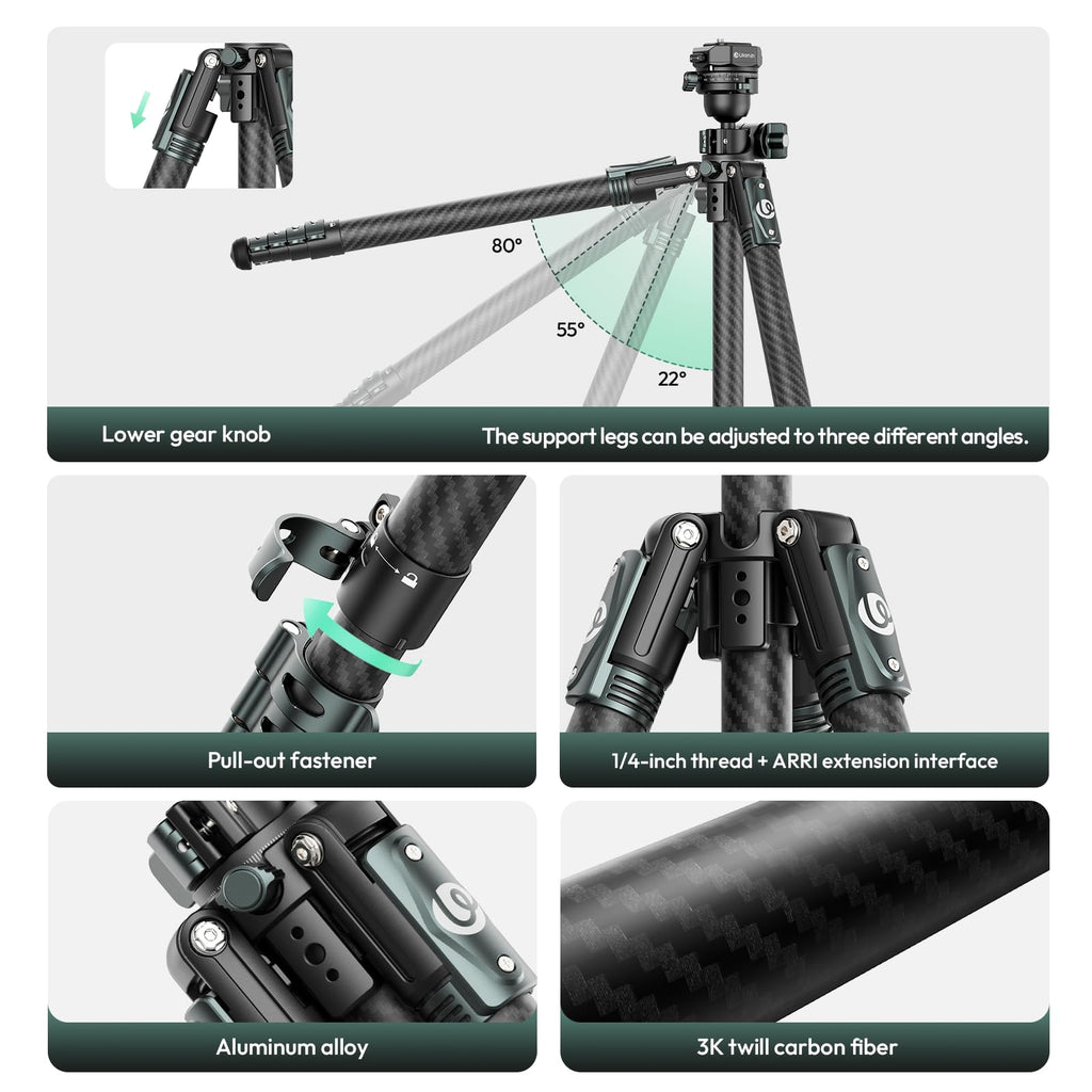 ULANZI JJ05 GlideGo Carbon Fiber Photo Tripod, Dual 360° Pan Head, 72.4 inch Max Height, 11 lb Load, UKA Quick Release, Professional Portable Lightweight Travel Tripod with Bag