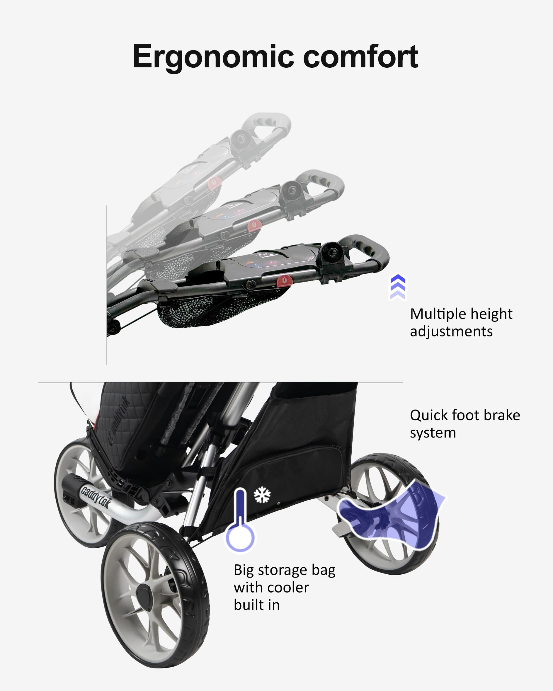 Caddytek CaddyLite EZ V8 Golf Push Cart - Lightweight 3 Wheel Foldable Cart with One-Click 2-Step Folding, EVA Wheels, Adjustable Handle, Cooler Basket, Umbrella & Drink Holder, Compact Golf Cart