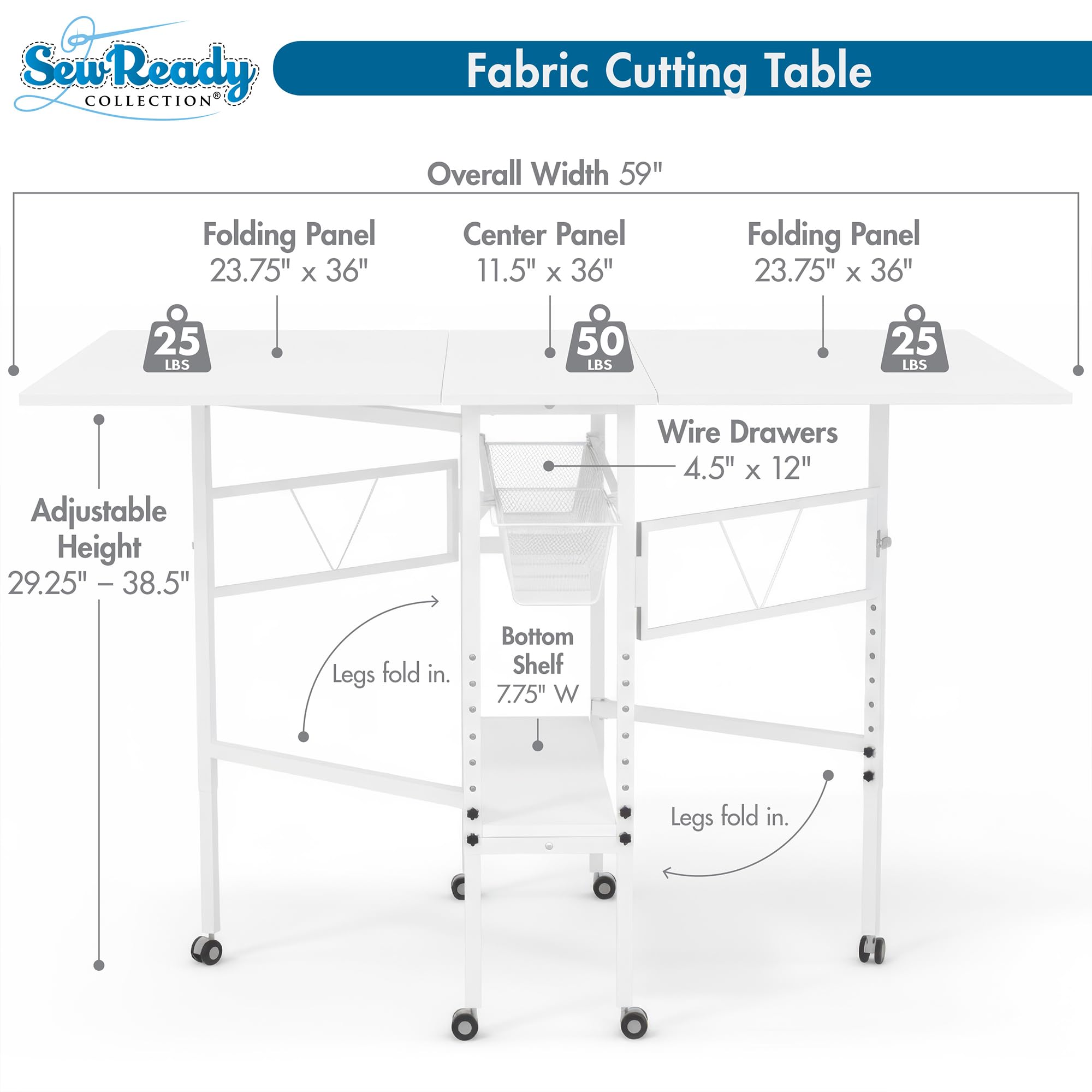 Sew Ready Folding Sewing Craft Table with Storage, Adjustable Height Cutting Desk with Drawers and Wheels for Quilting, Fabric, and Hobby Room, White