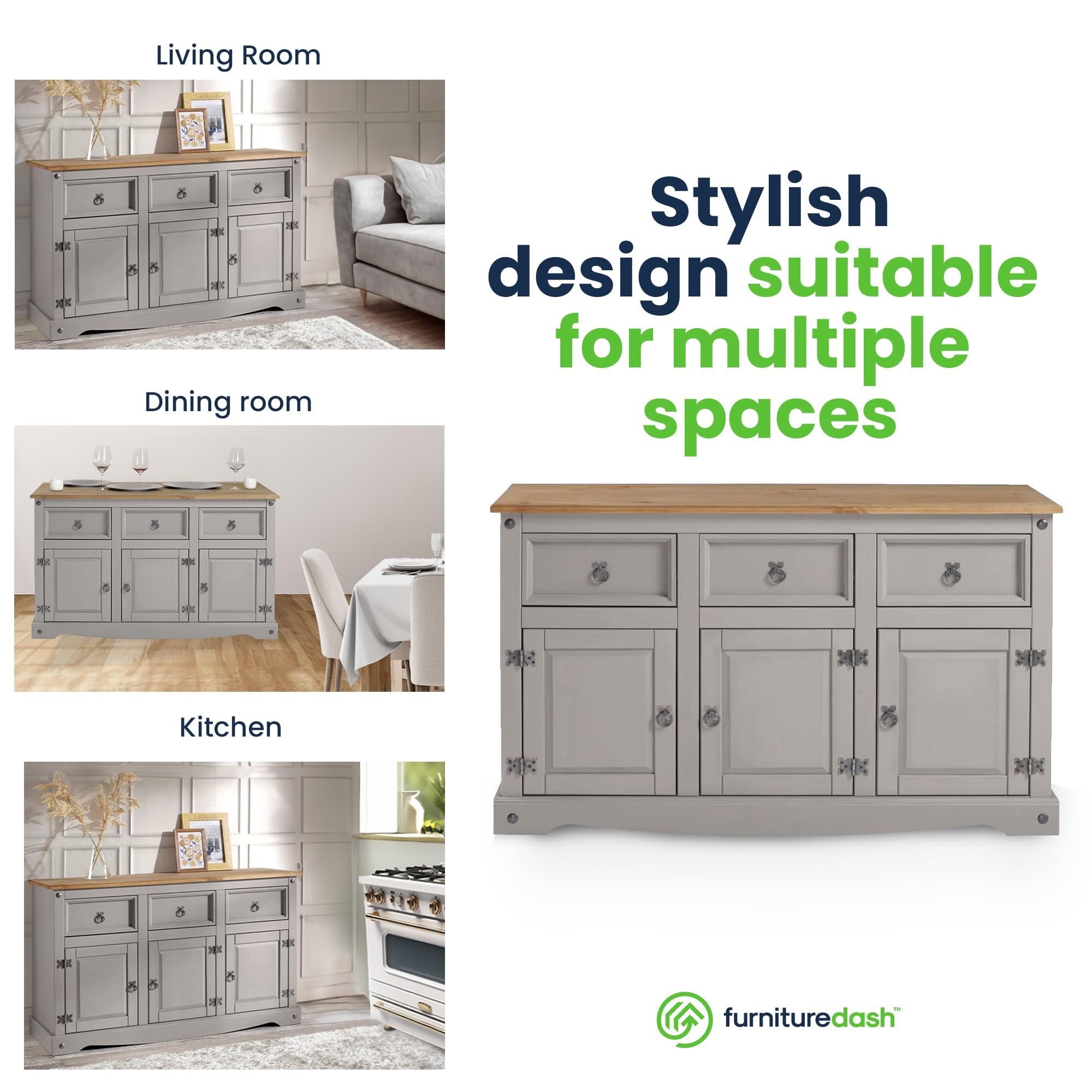 Furniture Dash Rustic Grey 6-Compartment Cabinet – Solid Wood Console Table with Storage Drawers & Doors for Dining, Kitchen, or Entryway Use