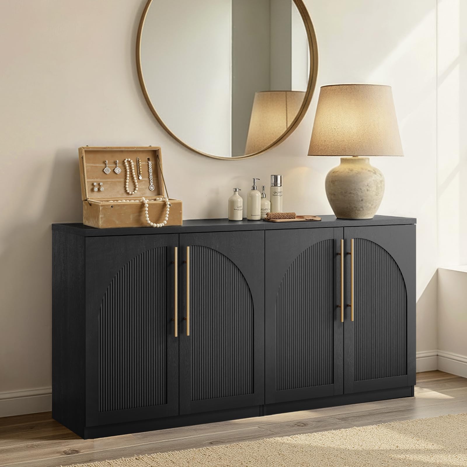 ModernMate Set of 2 Arched Sideboard Cabinets, 62" Modular Storage Buffet Table with Wave-Panel Doors, Black Wood Grain Media Console with Soft-Close Hinges for Living Room