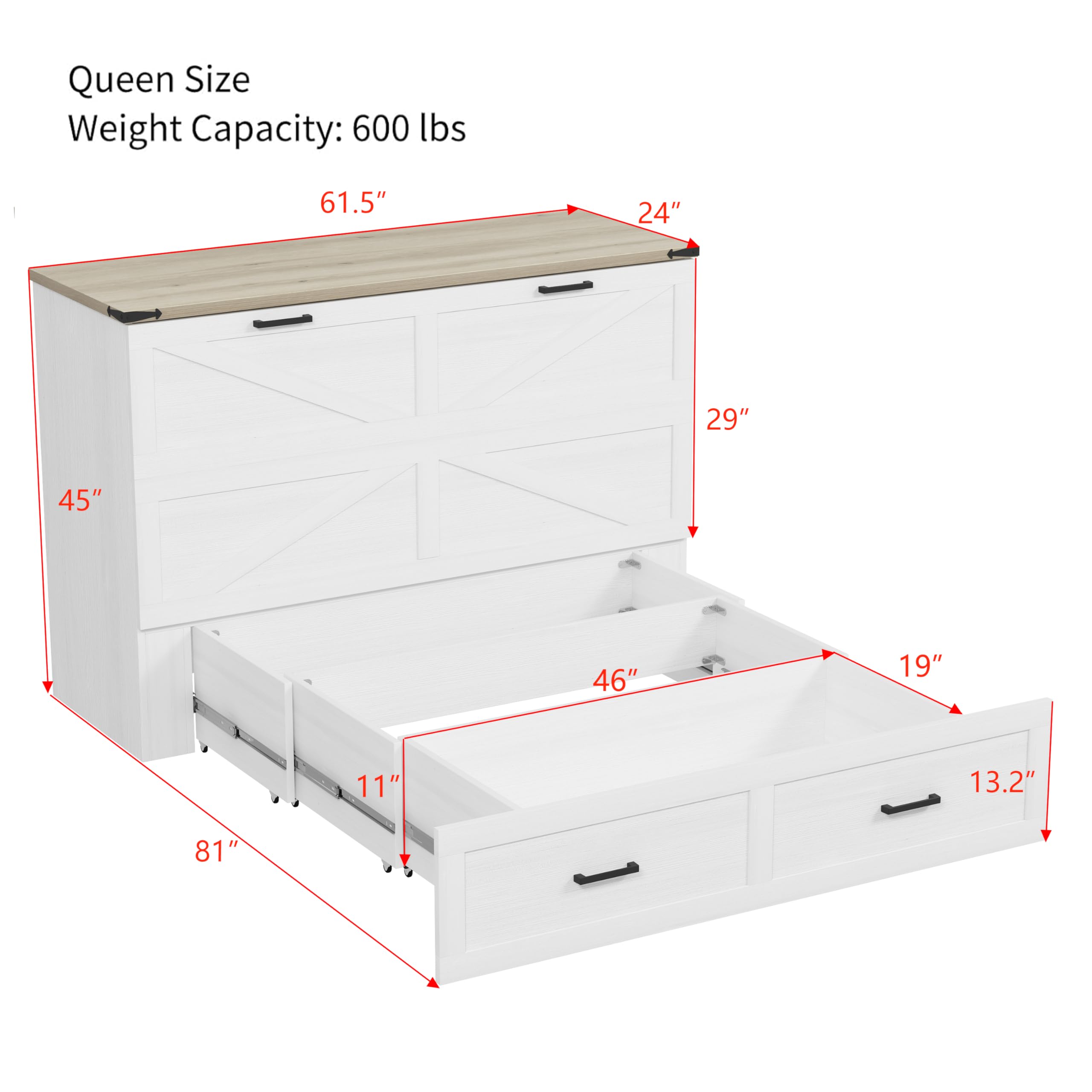 Merax Modern Farmhouse Solid Wood Murphy Cabinet Bed with Charging Station, Foldable Wall Platform Bed with Storage Drawer/No Box Spring Needed/Easy Assemble/Queen, White
