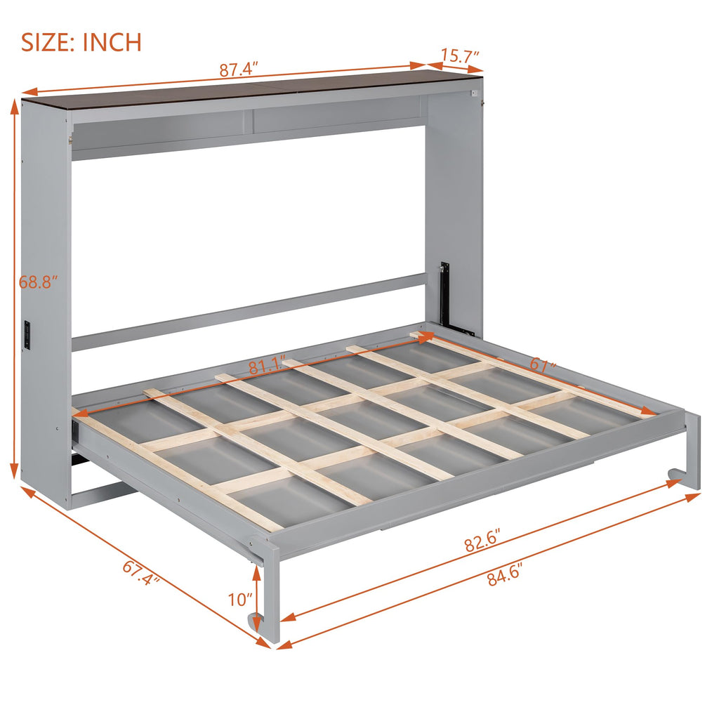 Merax Queen Murphy Bed Wall Bed with USB Ports, Foldable Cabinet Bed Frame, Space Saving Hideaway Bed with Wooden Slats, No Box Spring Required for Guest Room, Apartment, Queen