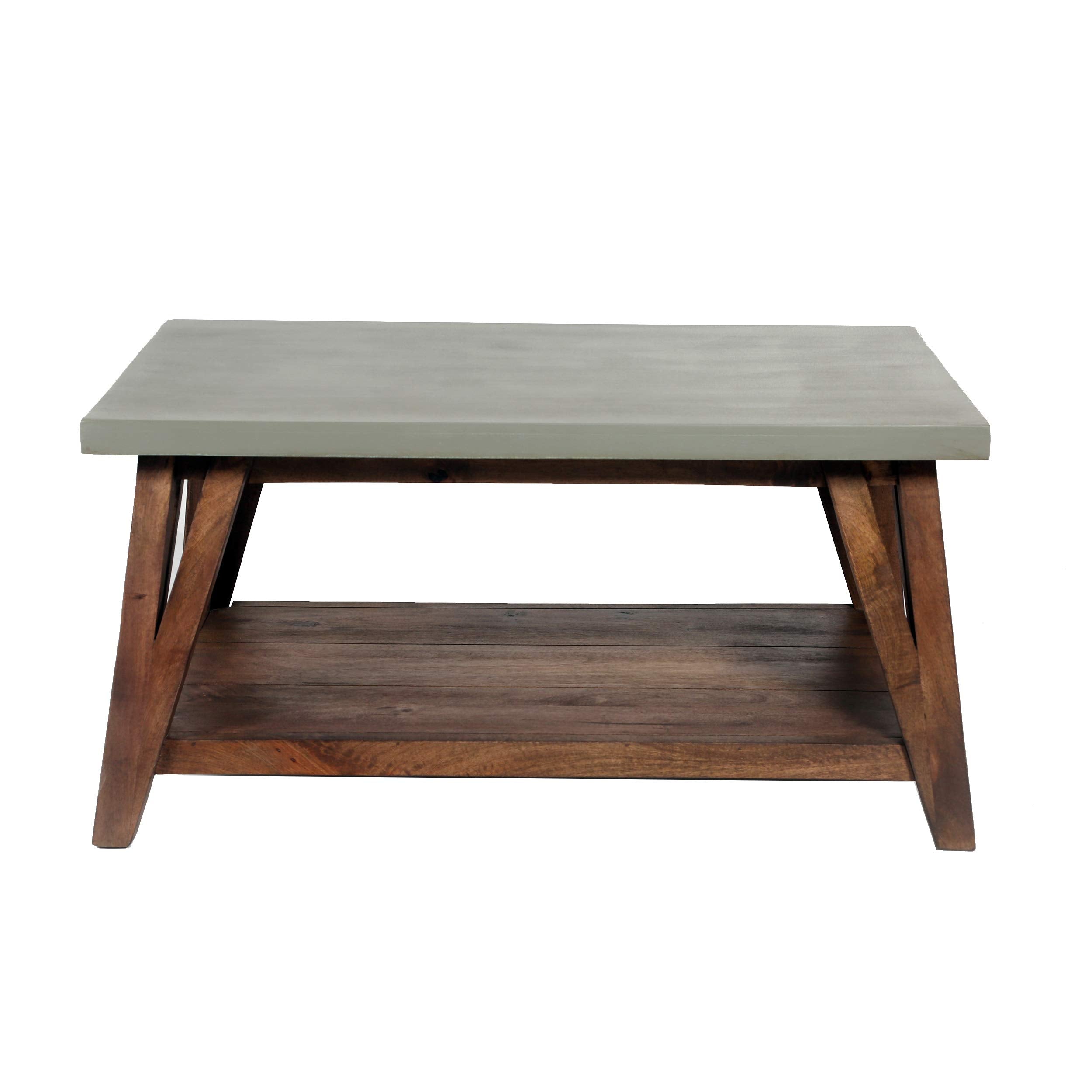 Alaterre Furniture Brookside Coffee Table with Lower Shelf – Modern Rustic Farmhouse 36-Inch Living Room Table with Solid Wood Base and Concrete-Coated Top (Brown and Light Gray)