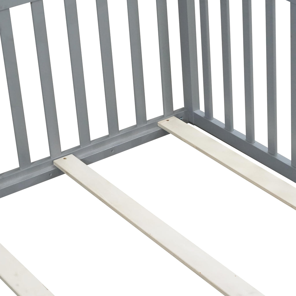KEIKI Full Floor Bed Frame with High Fence Guardrail, Solid Wood Montessori Kids Bed, Pine Wood Platform Floor Bed with Storage Racks, White