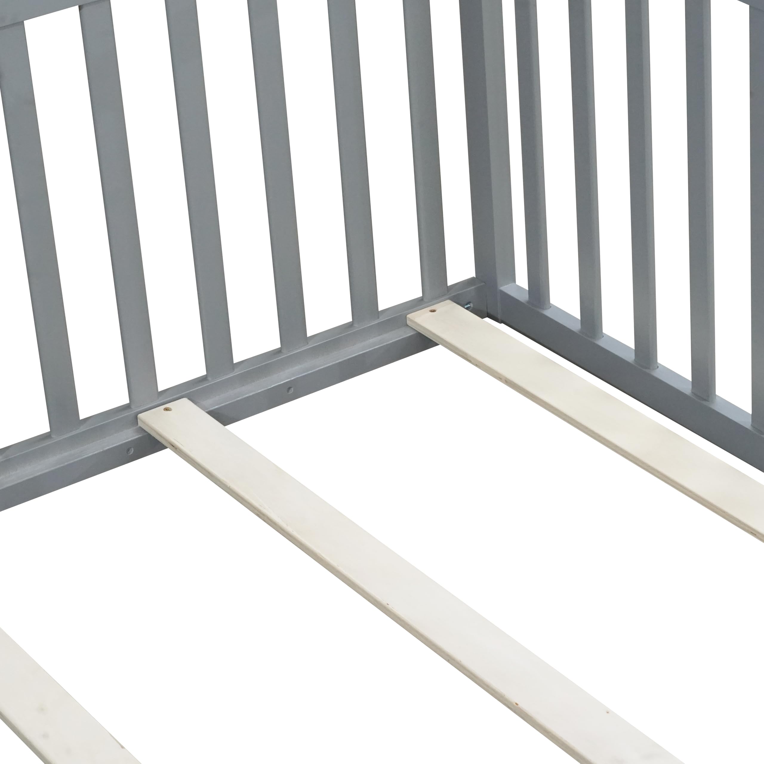 KEIKI Full Floor Bed Frame with High Fence Guardrail, Solid Wood Montessori Kids Bed, Pine Wood Platform Floor Bed with Storage Racks, White