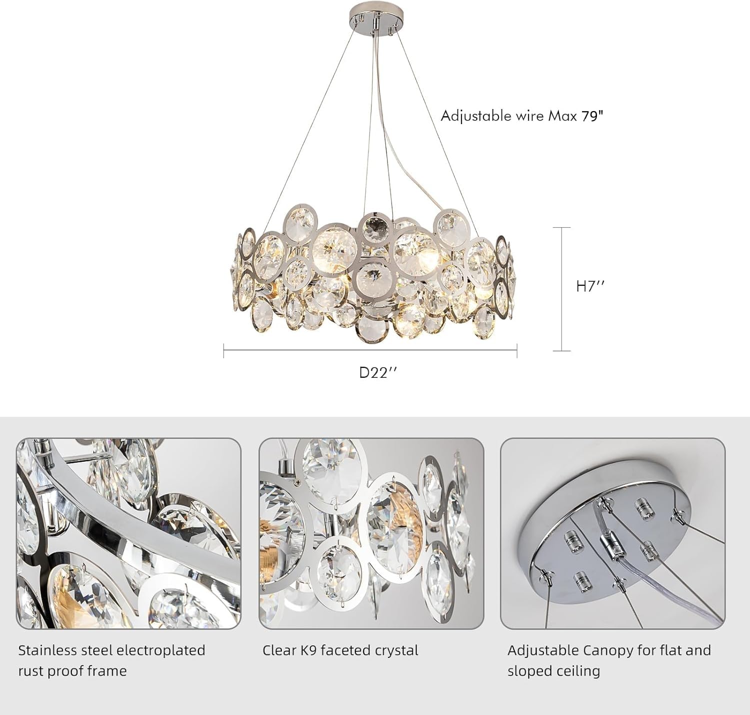 Wndtu Opal Unique Elegance Crystal Chandelier Luxury Round Crystal Modern Stainless Steel Chrome Pendant Ceiling Lights Fixture for Dining Room Living Room Kitchen Island Above Table D22
