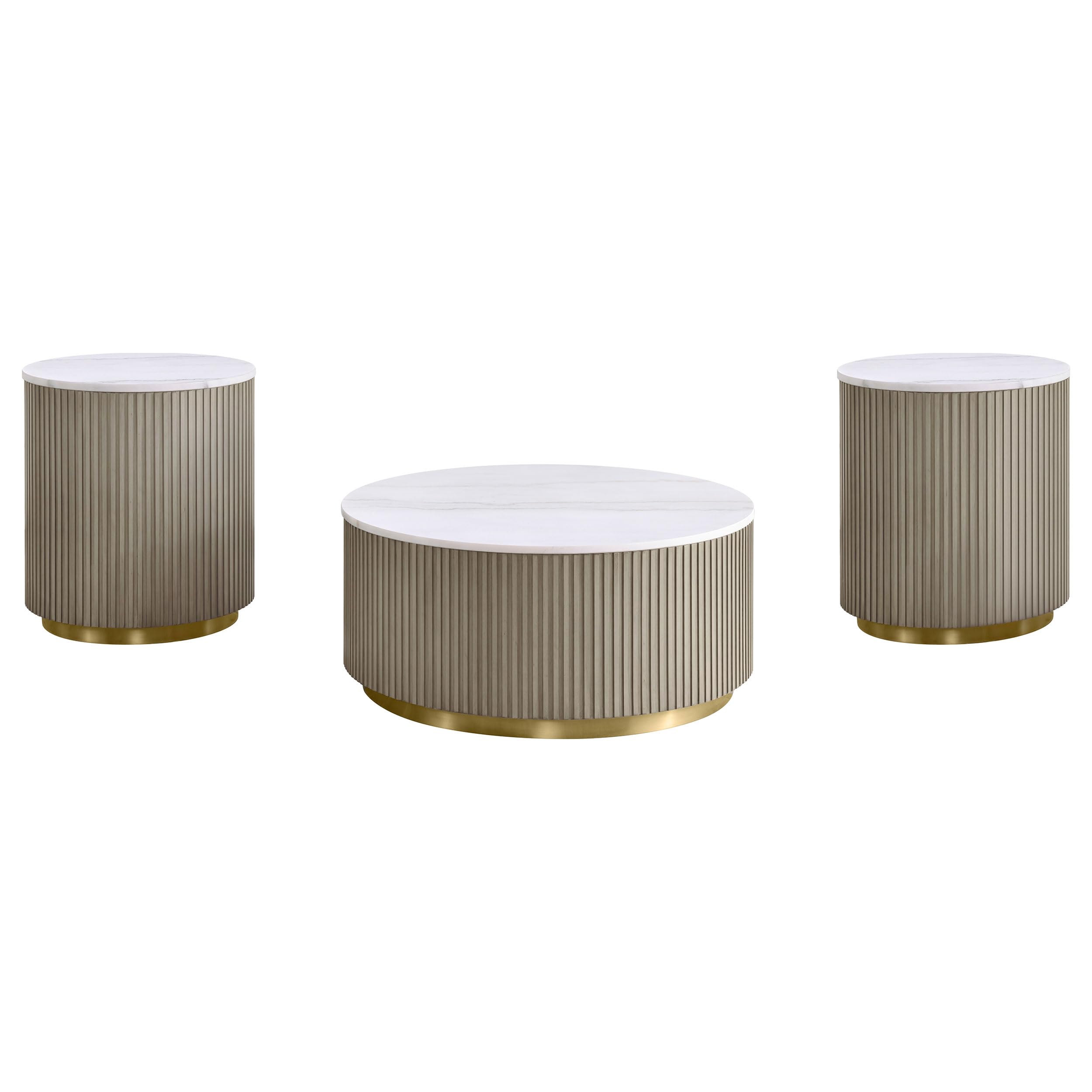 Coaster Home Furnishings - Jason - Wood and Metal - 3-Piece Coffee Table Set with Marble Tops, Reeded Drum Bases, and Gold Ring Accents - Living Room - Greige and White Marble - 711418-S3