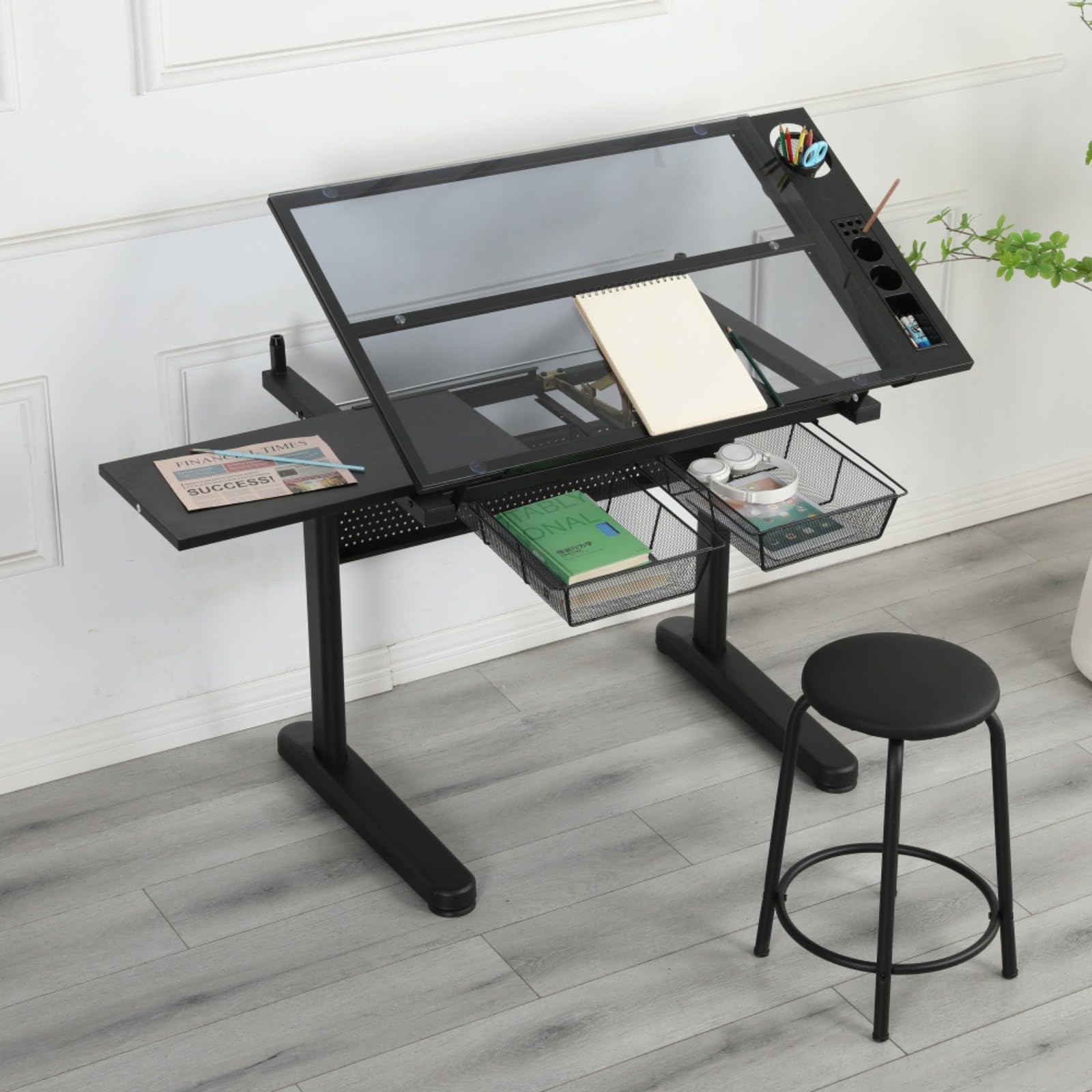 Hassyee Modern Design Hand Crank Adjustable Drafting Table Drawing Desk with Two Large-Size Metal Drawers and E0 Grade MDF Material Desktop (Black)