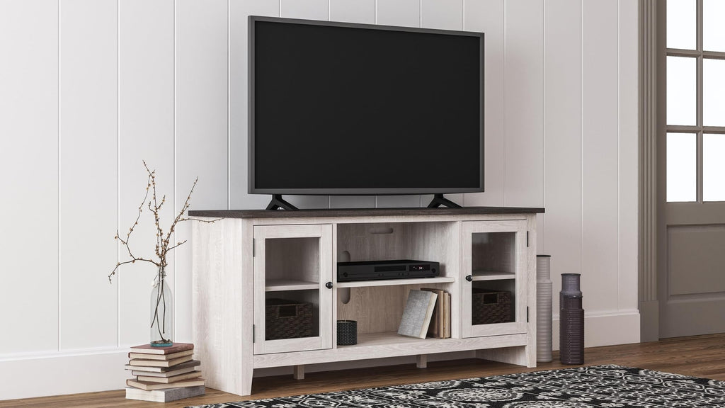Signature Design by Ashley Dorrinson Farmhouse TV Stand with Fireplace Option, Fits TVs up to 58", Whitewash
