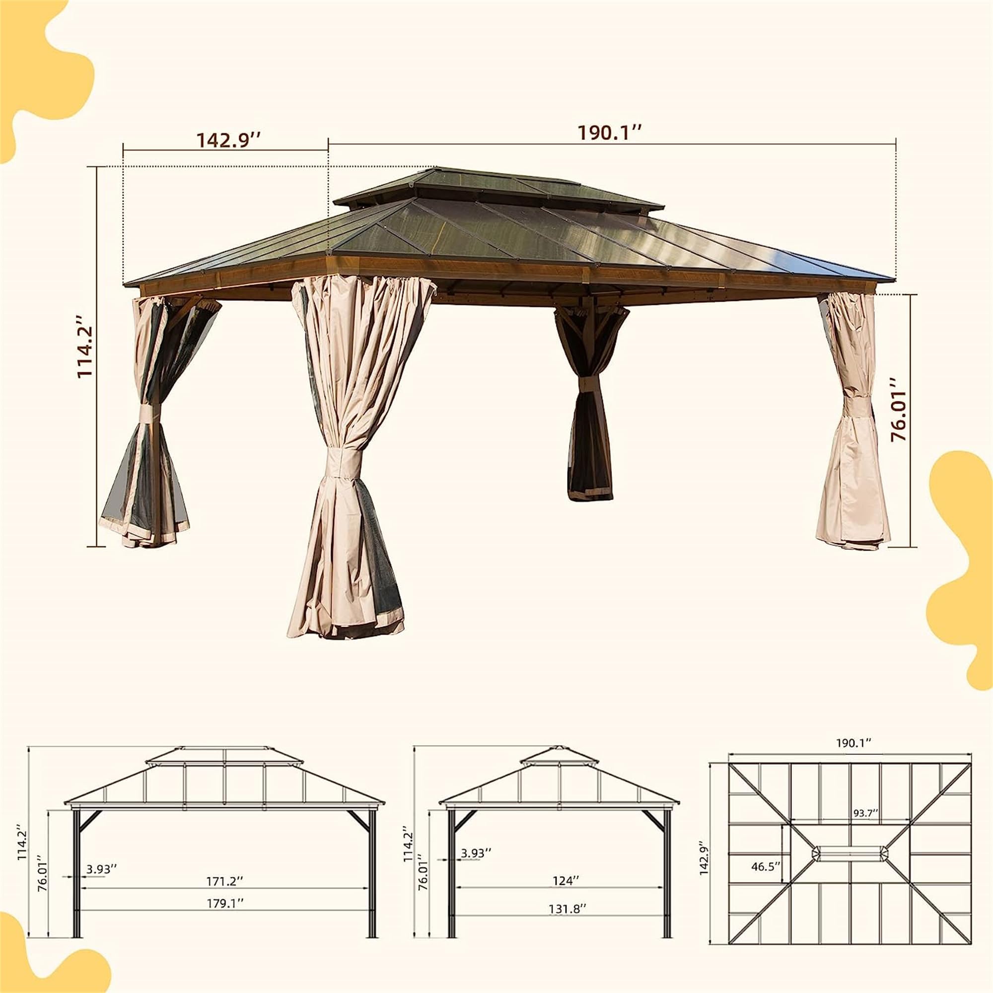 GOWE 12x16ft Hardtop Gazebo, Permanent Outdoor Gazebo with Polycarbonate Double Roof, Aluminum Gazebo Pavilion with Curtain and Net for Garden, Patio, Lawns, Deck, Backyard (Wood-Looking)