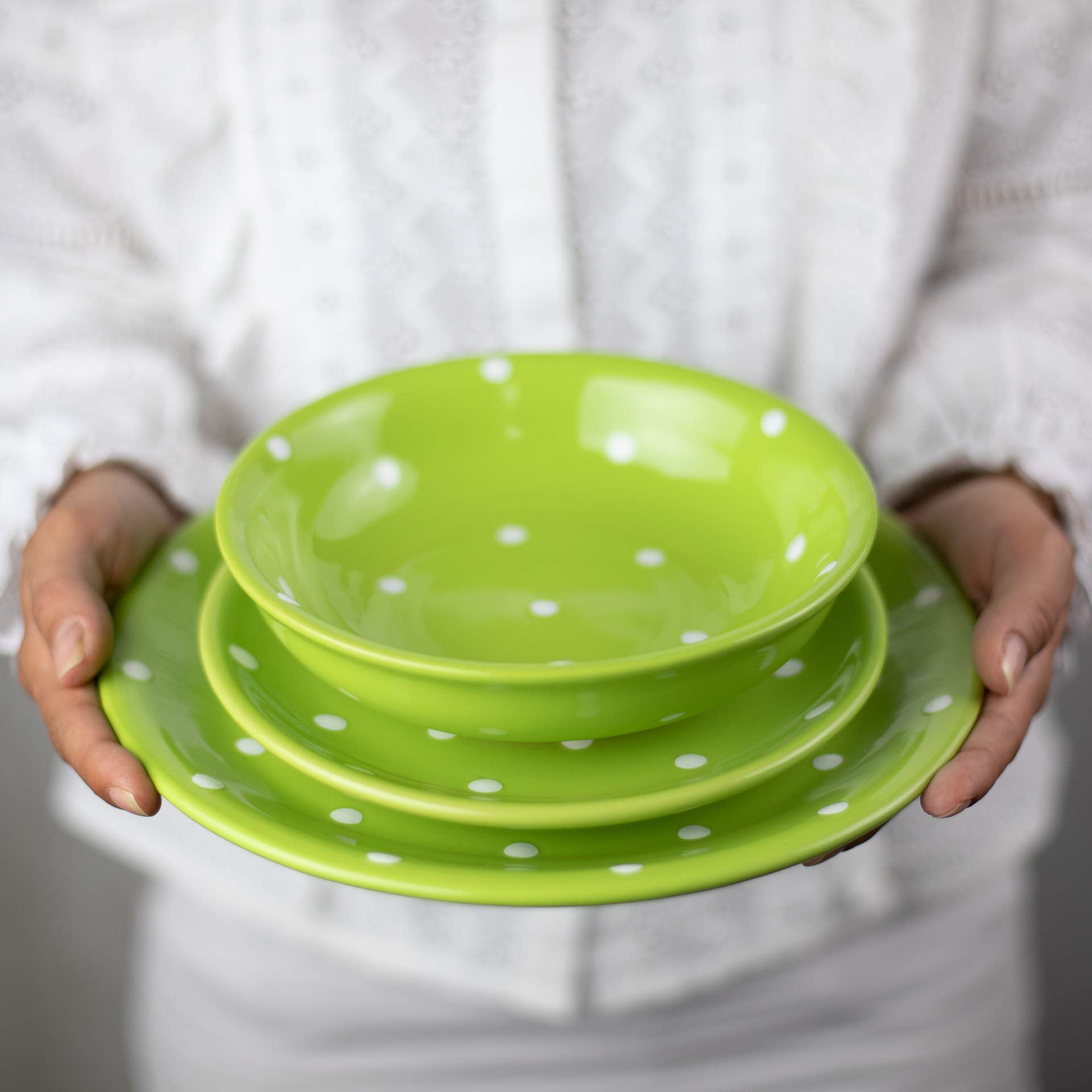 Handmade Lime Green and White Polka Dot Ceramic 12 piece Dinnerware Set | Pottery Tableware Service for 4 | Dinner Plates | Side Plates | Bowls | Housewarming Gift by City to Cottage®