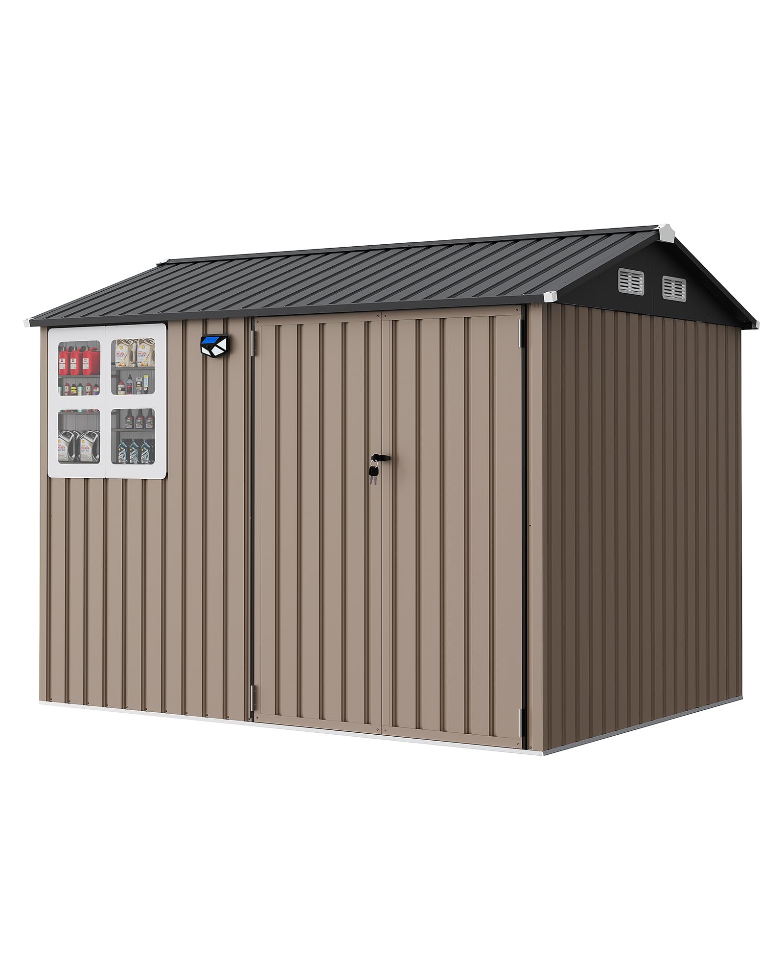 8x6 FT Outdoor Storage Shed with Window and Solar LED Light, Waterproof Metal Garden Tool Shed with Lockable Door, Vented Sloped Roof for Backyard Patio Lawn, Brown