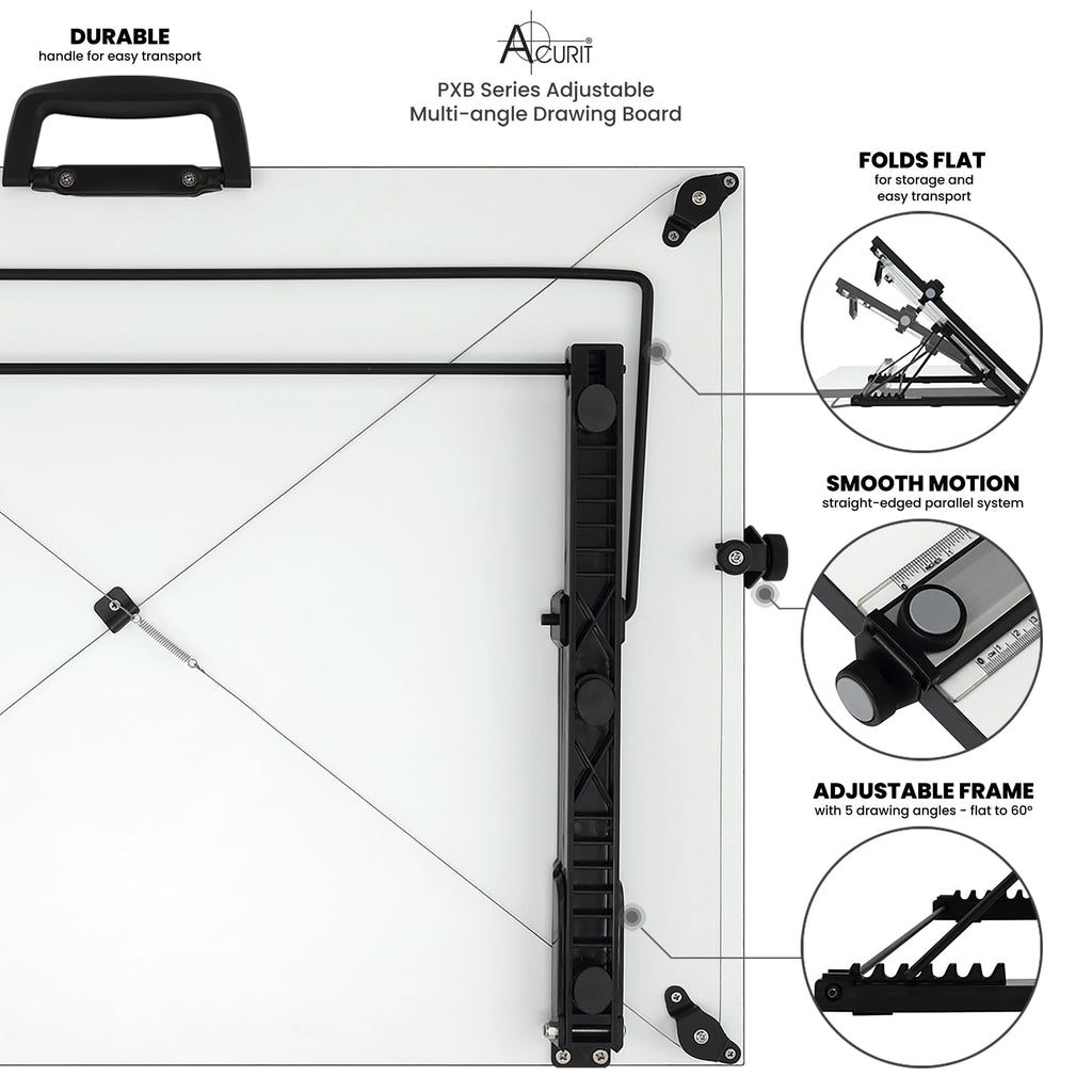 Acurit Multi-Angled 24”x36” PXB Drawing Board for Artists and Designers - Portable Tabletop Workspace, Drawing, Sketching, Drafting, Painting - Portable Laminated Surface w/Ruler & Parallel Motion Bar