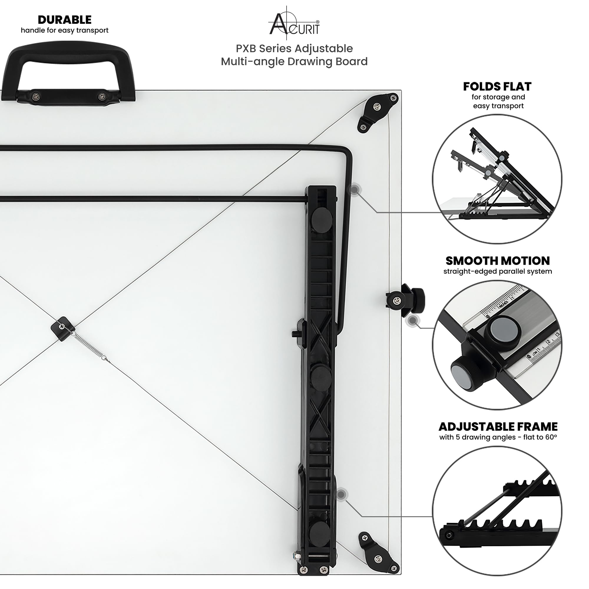 Acurit Multi-Angled 24”x36” PXB Drawing Board for Artists and Designers - Portable Tabletop Workspace, Drawing, Sketching, Drafting, Painting - Portable Laminated Surface w/Ruler & Parallel Motion Bar