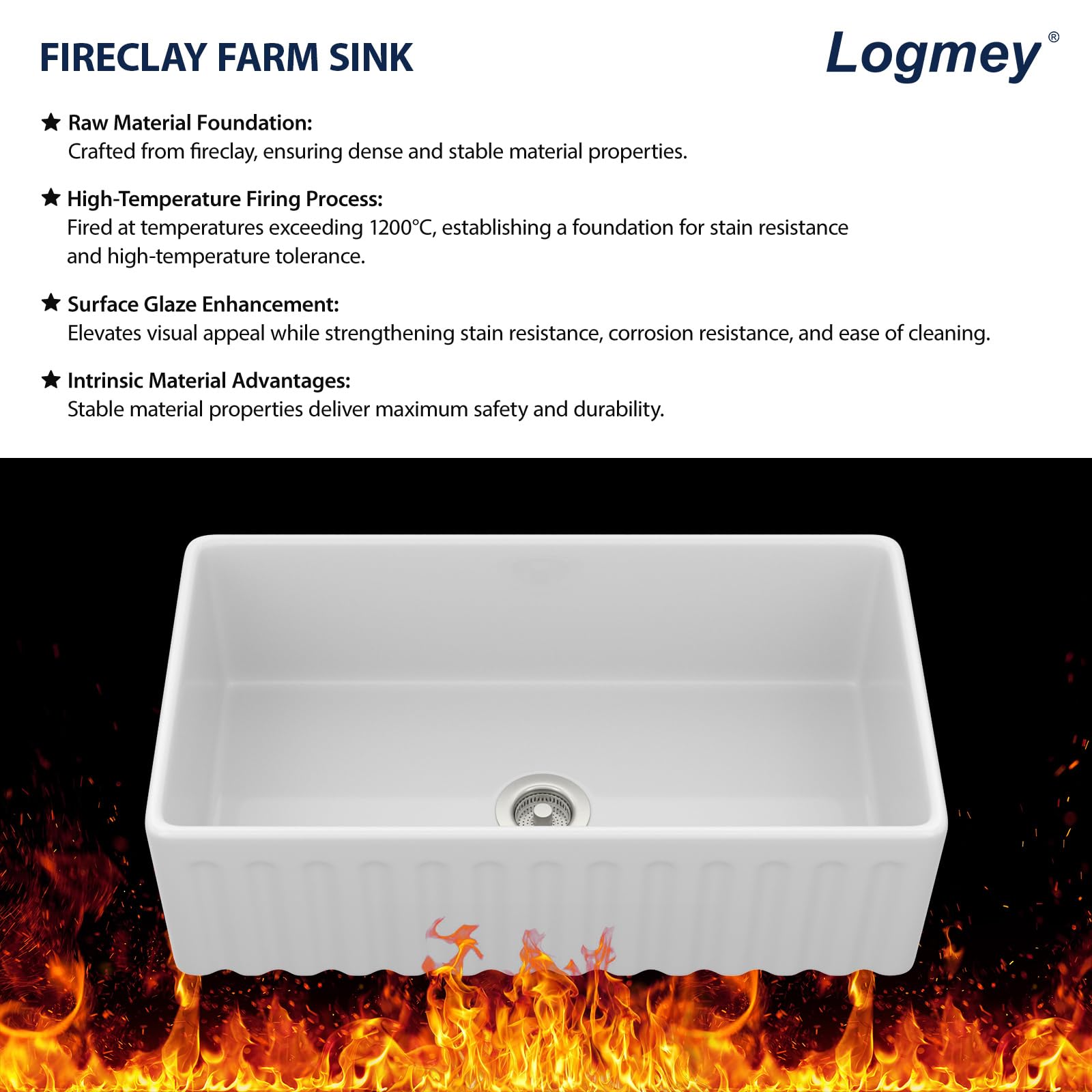 Logmey 33 In White Fireclay Farmhouse Sink with Pop-up Drain & Reversible Design 33x18x10 Durable Ceramic Apron Front Sinks,Easy to Clean,Scratch & Heat Resistant,Ideal for Traditional & Country Style