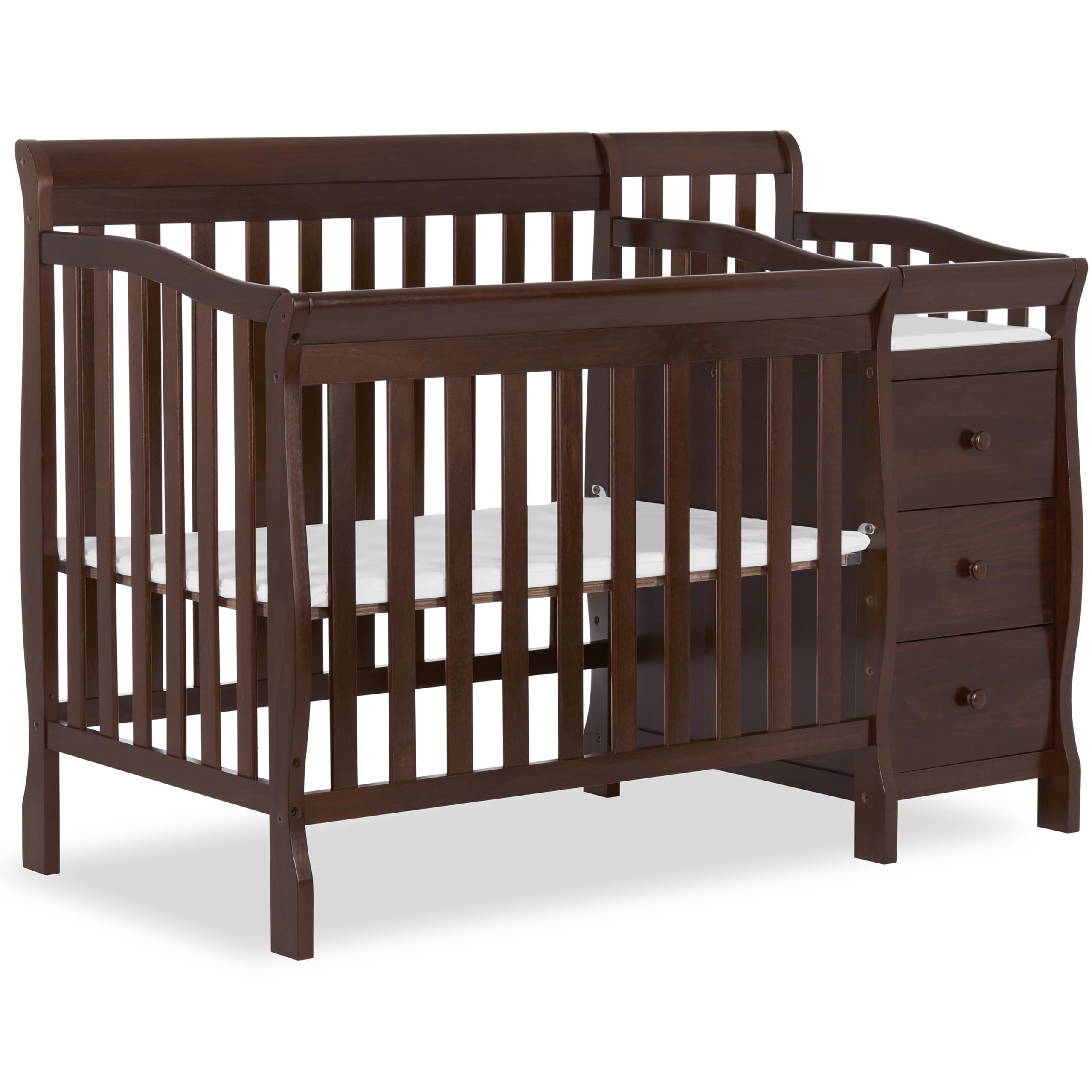 Dream On Me Jayden 4‑in‑1 Mini Convertible Baby Crib & Changer with Storage in Espresso, Pinewood, GreenGuard Gold & BSA, 1” Mattress Pad, 3 Mattress Heights, Converts to Mini Day & Twin-Size Bed