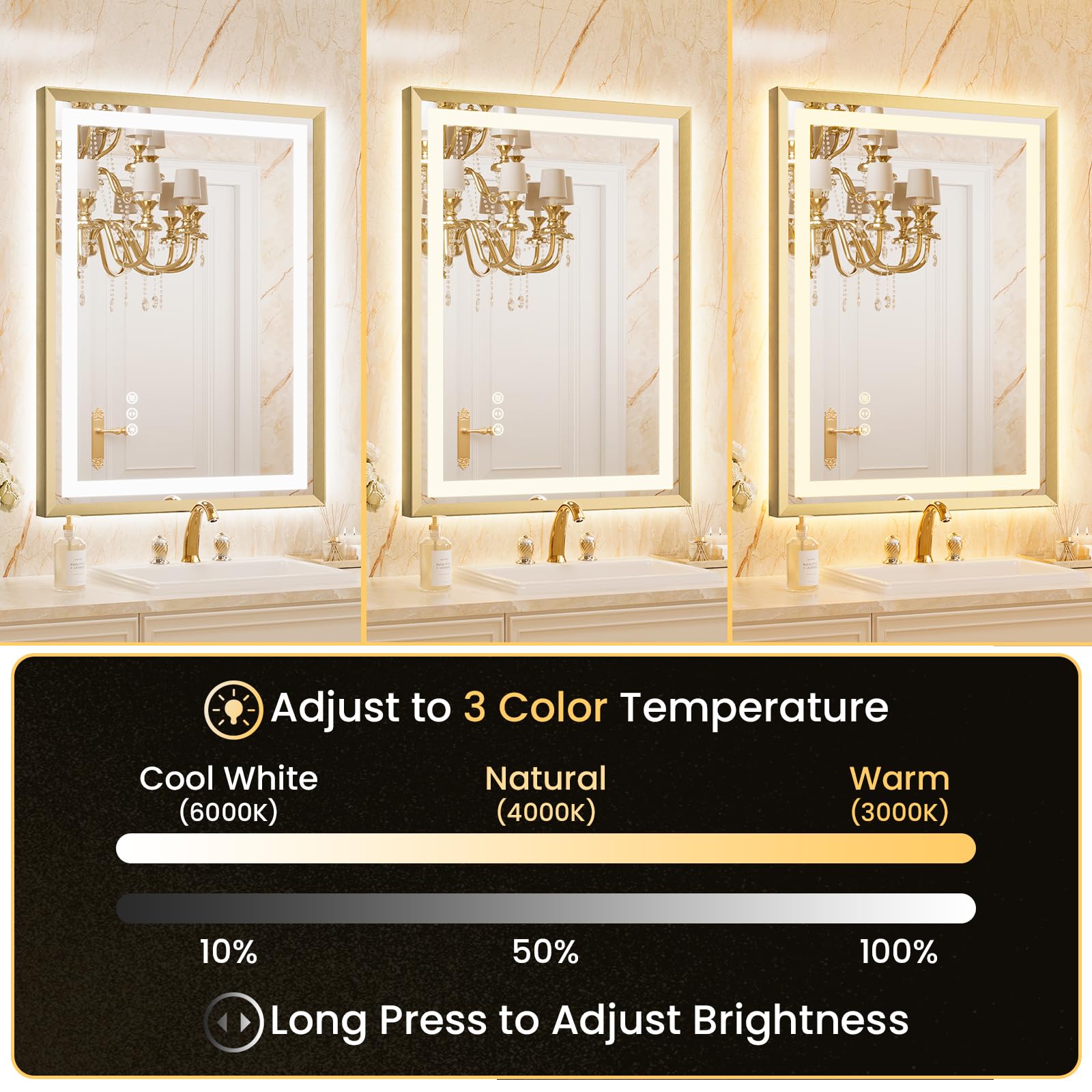 miskerm 55x36 Bathroom Mirror with Lights, Brushed Gold Metal Frame with Backlit + Front Lit, LED Bathroom Mirror, Anti-Fog, Dimmable, Bathroom Vanity Mirror Tempered Glass(Horizontal/Vertical)