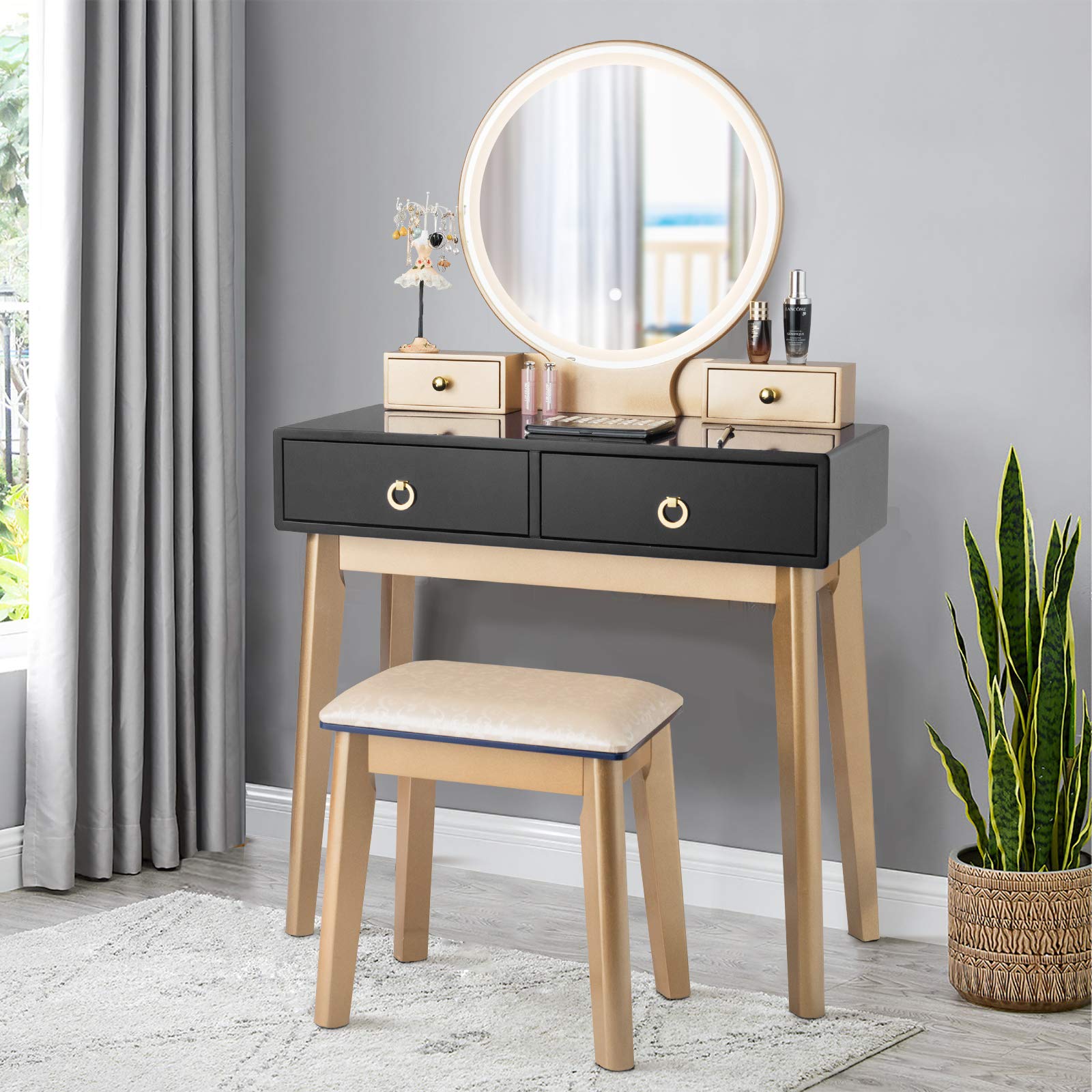 FANTASK Vanity Table Set, LED Lighted Makeup Table w/ 3 Color Round Lighting Mirror Touch Screen 4 Drawers, Makeup Dressing Table w/Cushioned Stool for Bedroom (Black)