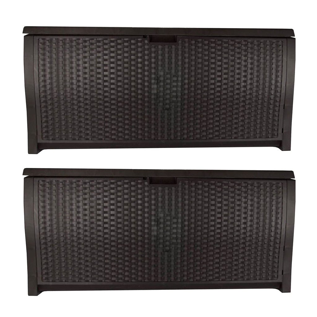 Suncast 99 Gallon Plastic Wicker Deck Box Container Storage for Garden, Garage, Home, Pool, Indoor and Outdoor Use, Mocha (2 Pack)