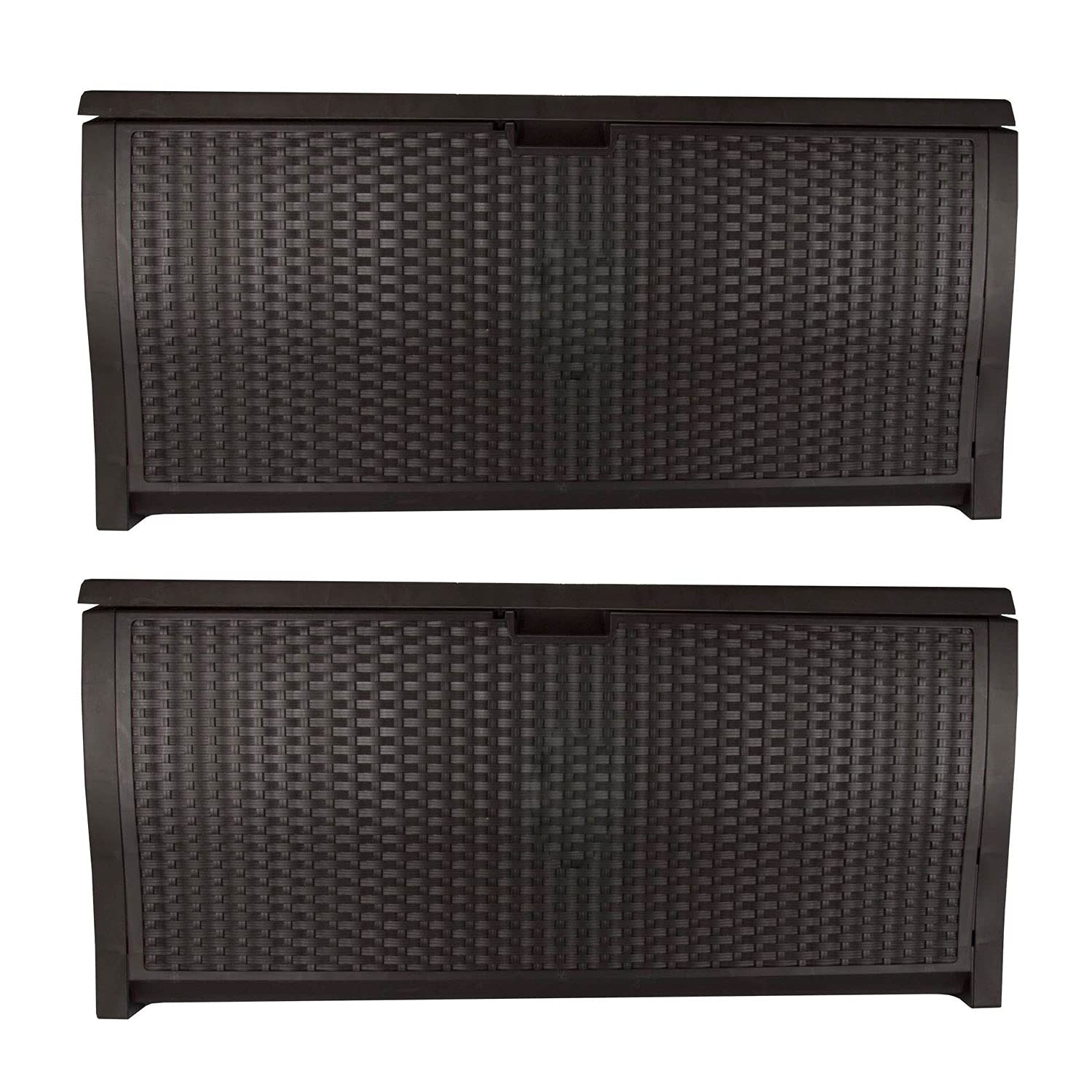 Suncast 99 Gallon Plastic Wicker Deck Box Container Storage for Garden, Garage, Home, Pool, Indoor and Outdoor Use, Mocha (2 Pack)