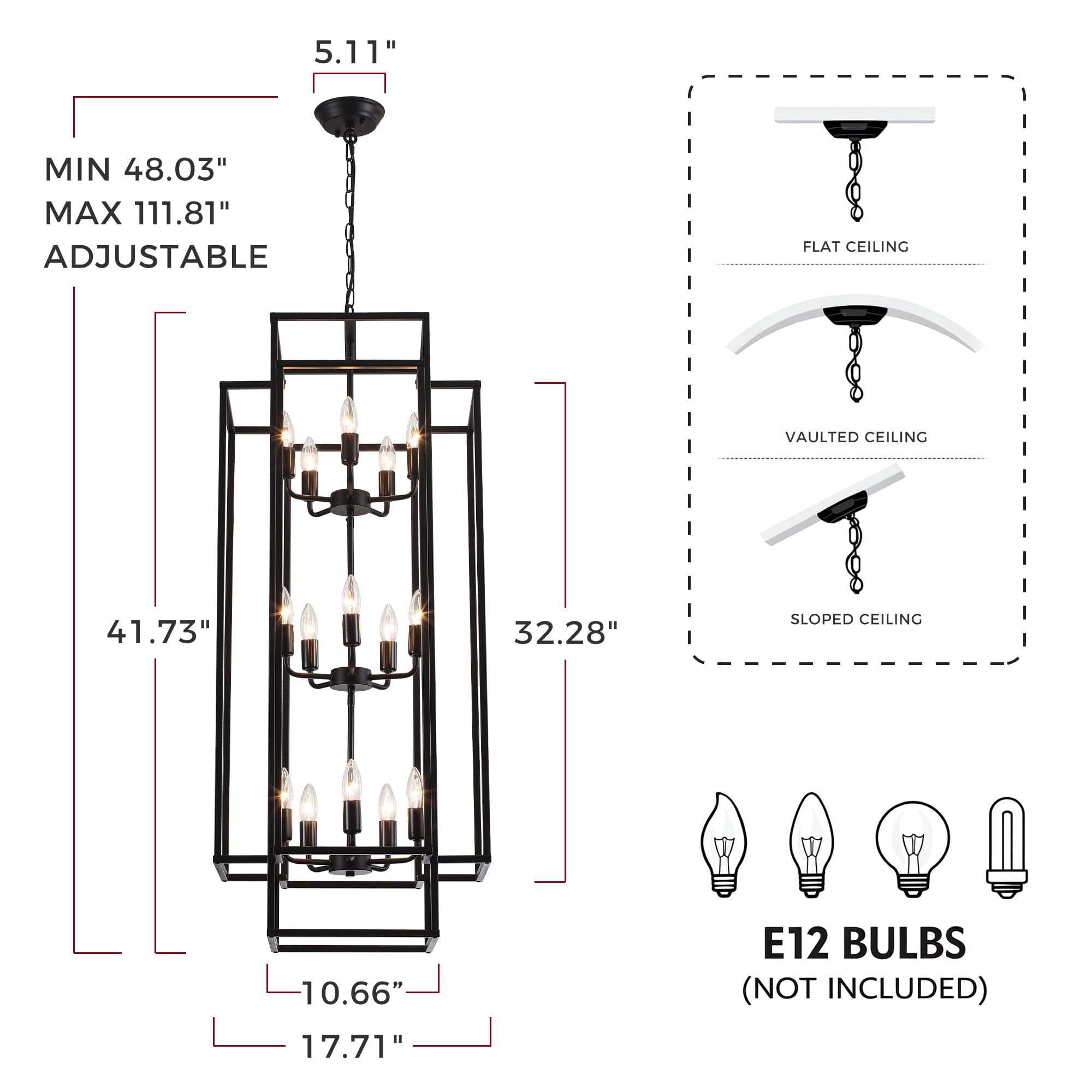 Xuridongsheng 15-Light Lantern Chandelier for Foyer Large Black High Ceiling Chandelier with 3-Tier Candle Design, Modern Farmhouse Entryway Lighting Fixture for Staircase, Two Story Living Room, E12