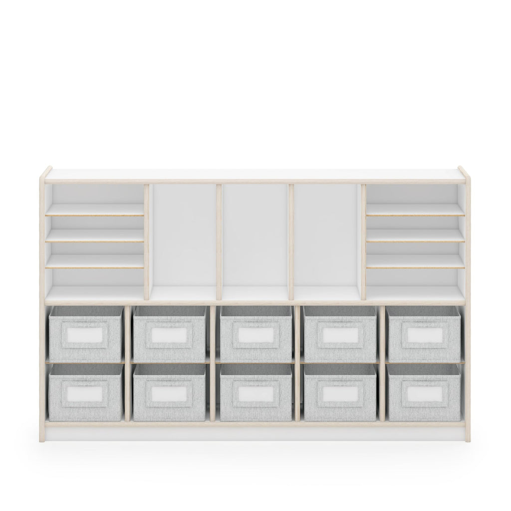 Guidecraft EdQ Shelves and 10 Bin Storage Unit- White: Display Shelf Storage Organizer for Home, School and Office; Wooden Book Cubby and Toy Shelf