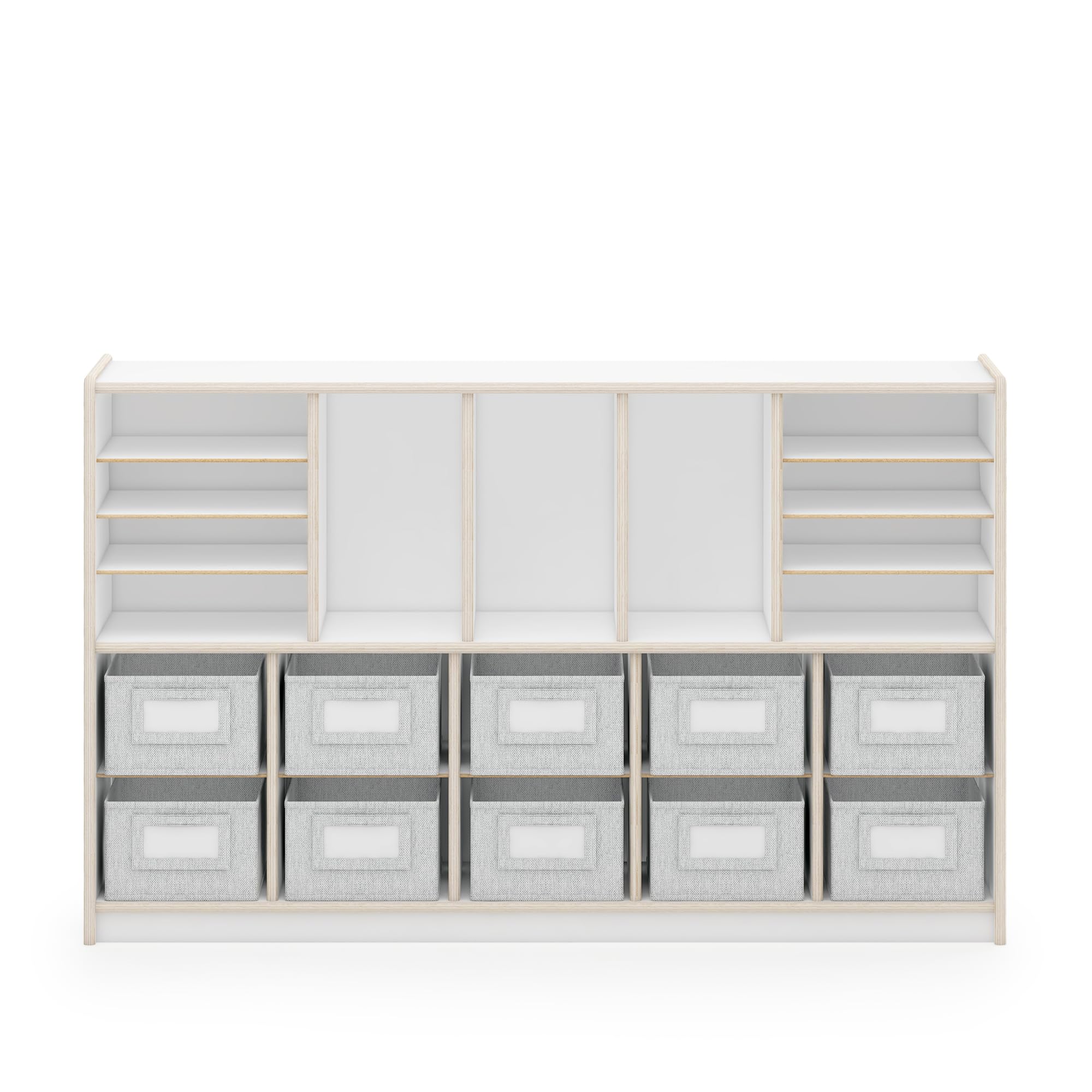 Guidecraft EdQ Shelves and 10 Bin Storage Unit- White: Display Shelf Storage Organizer for Home, School and Office; Wooden Book Cubby and Toy Shelf