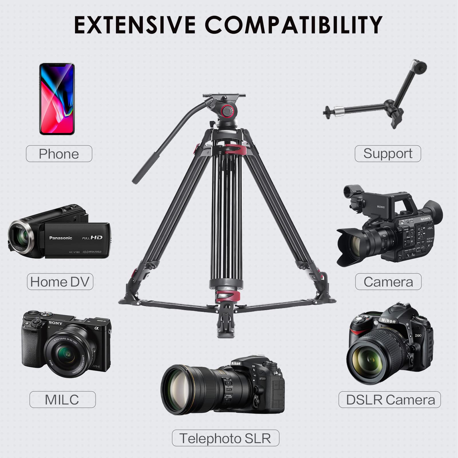 miliboo Heavy Duty Tripod Professional Video Tripod Fluid Head Tripod with Adjustable Damping, Photography Tripod for Large Equipment, Load 33 lbs, Included Ground Spreader, Aluminum MTT609A