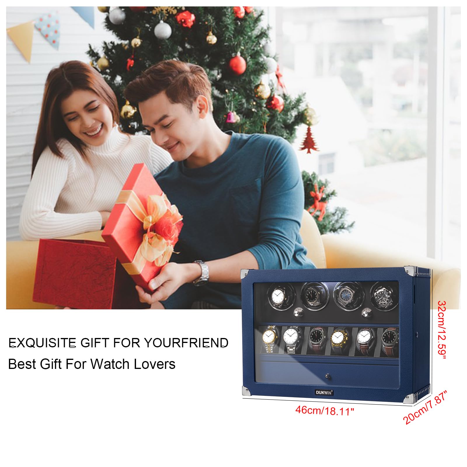 DUKWIN Watch Winder for Automatic Watches, Lockable Winders with Watch & Jewelry Storage, Super Quiet Motor with High-Gloss Finish, Built-in Illumination, Blue