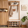 Vadisun Oak Coat Rack, Solid Wood Hall Tree with Shoe Bench, 2-Tier Shoe Rack with 7 Hooks for Entryway, Hallway, 13.8" x 31.5" x 72.8", Natural