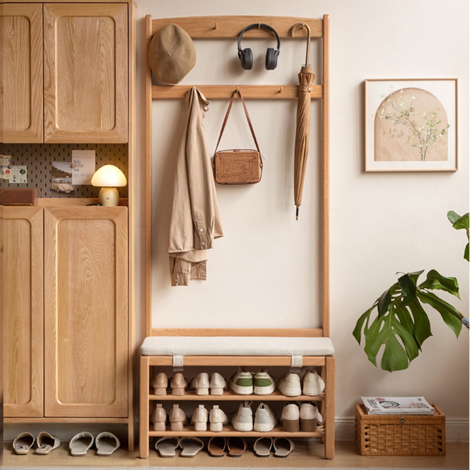 Vadisun Oak Coat Rack, Solid Wood Hall Tree with Shoe Bench, 2-Tier Shoe Rack with 7 Hooks for Entryway, Hallway, 13.8" x 31.5" x 72.8", Natural
