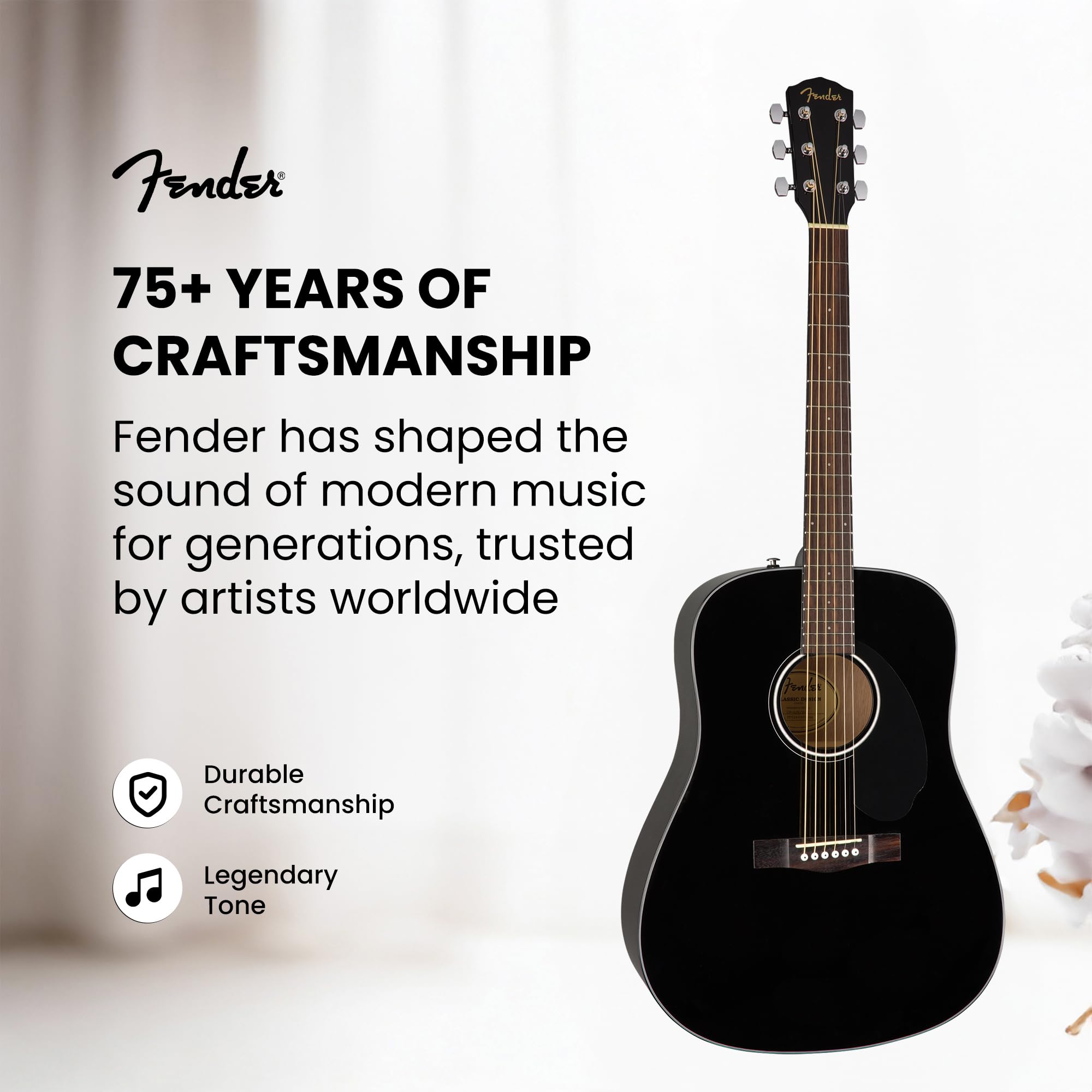 Fender CD-60S Solid Top Dreadnought Acoustic Guitar - Black Bundle with Hard Case, Tuner, Strap, Strings, Picks, and Austin Bazaar Instructional DVD