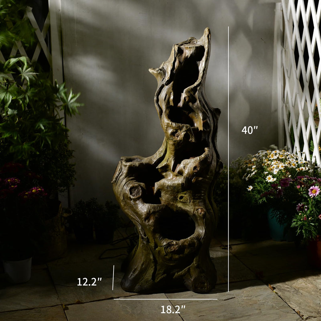 Sunlinua Water Fountain Outdoor 5-Tiers Large Cascading Realistic Tree Trunk Natural Waterfall Outdoor Fountains Resin Imitation Wood with LED Lights for Garden, Patio, Porch