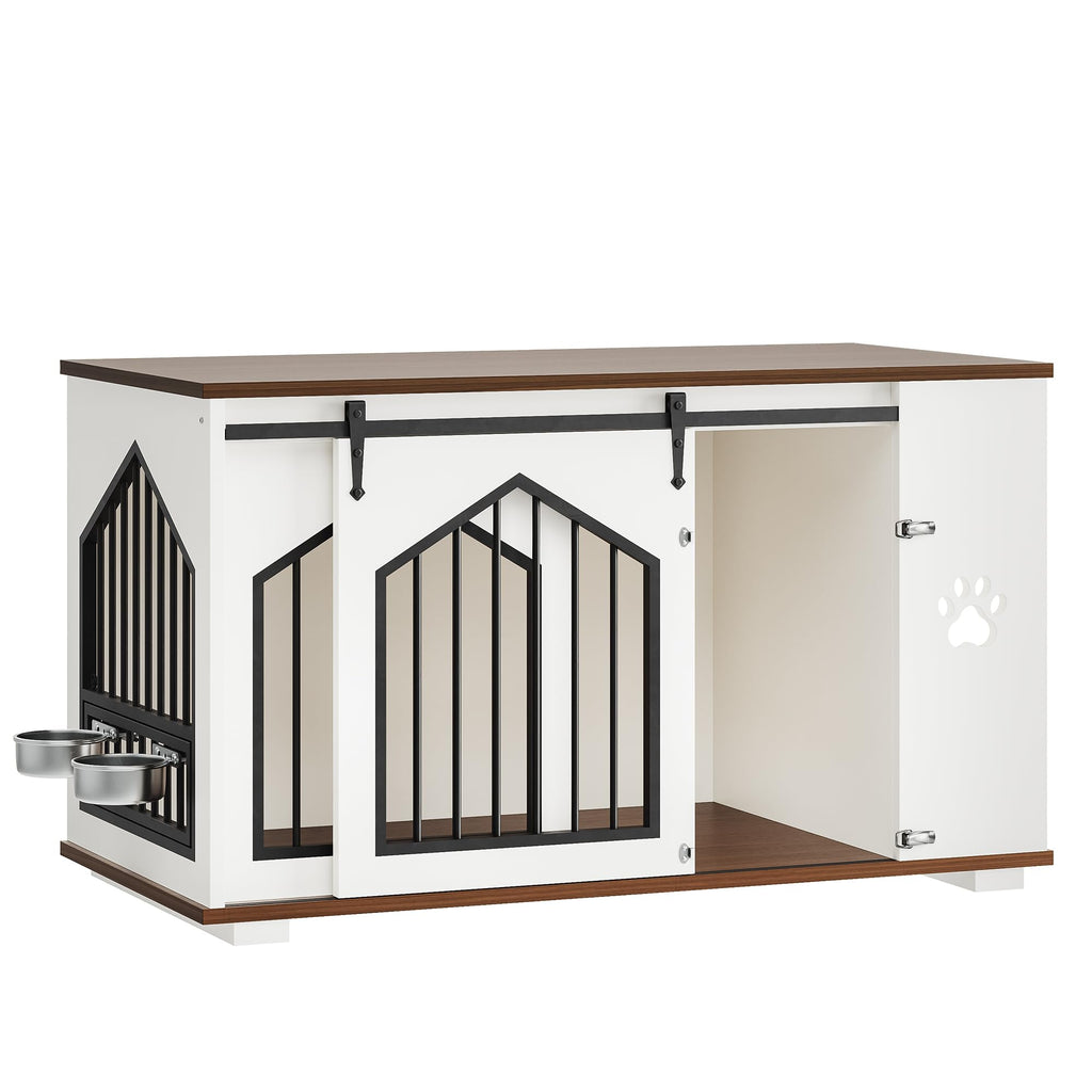 IRONCK Large Dog Crate Furniture with 2 Rotatable Dog Bowls, Wooden Dog Kennel with 2 Adjustable Shelves, Barn Doors Decorative Pet Cage Dog House as TV Stand, White