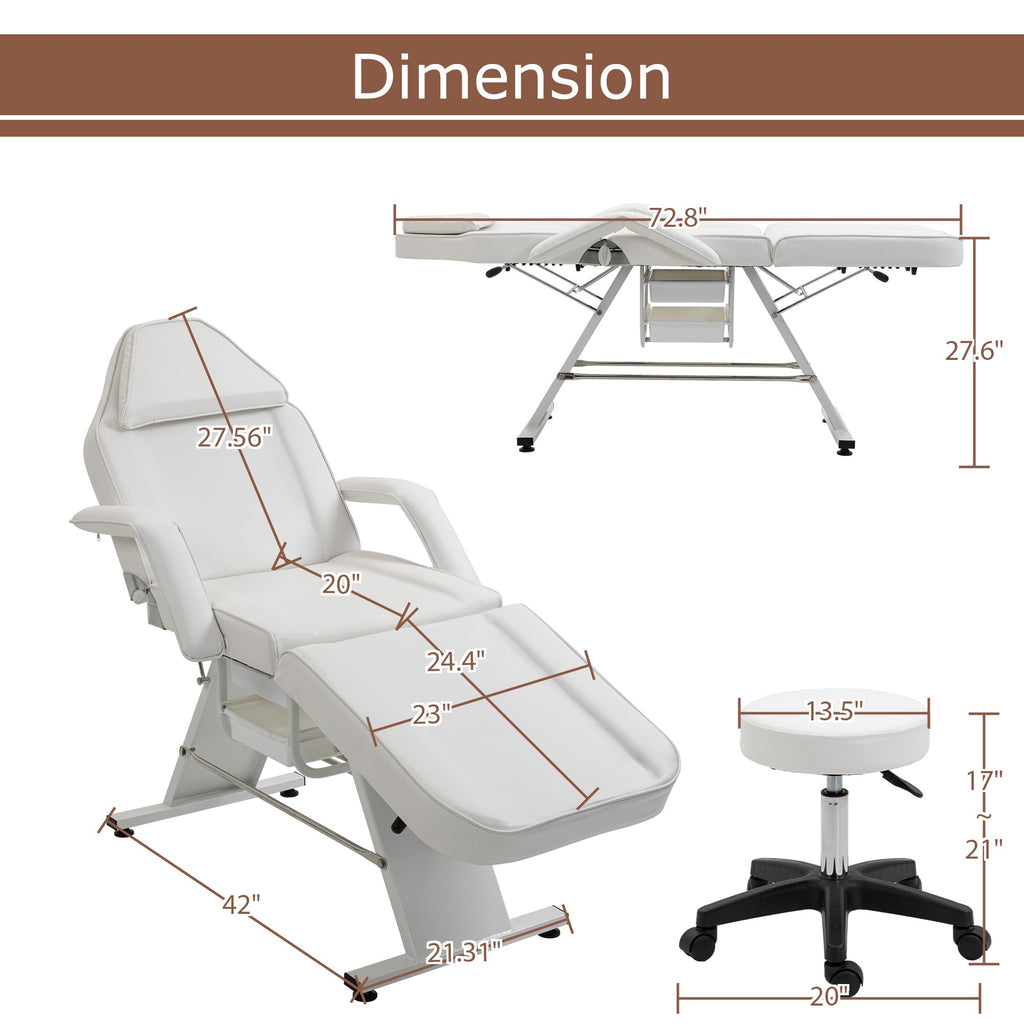 Massage Salon Tattoo Chair with Two Trays Esthetician Bed with Hydraulic Stool,Multi Purpose 3 Section Facial Bed Table, Adjustable Beauty Barber Spa Beauty Equipment, White