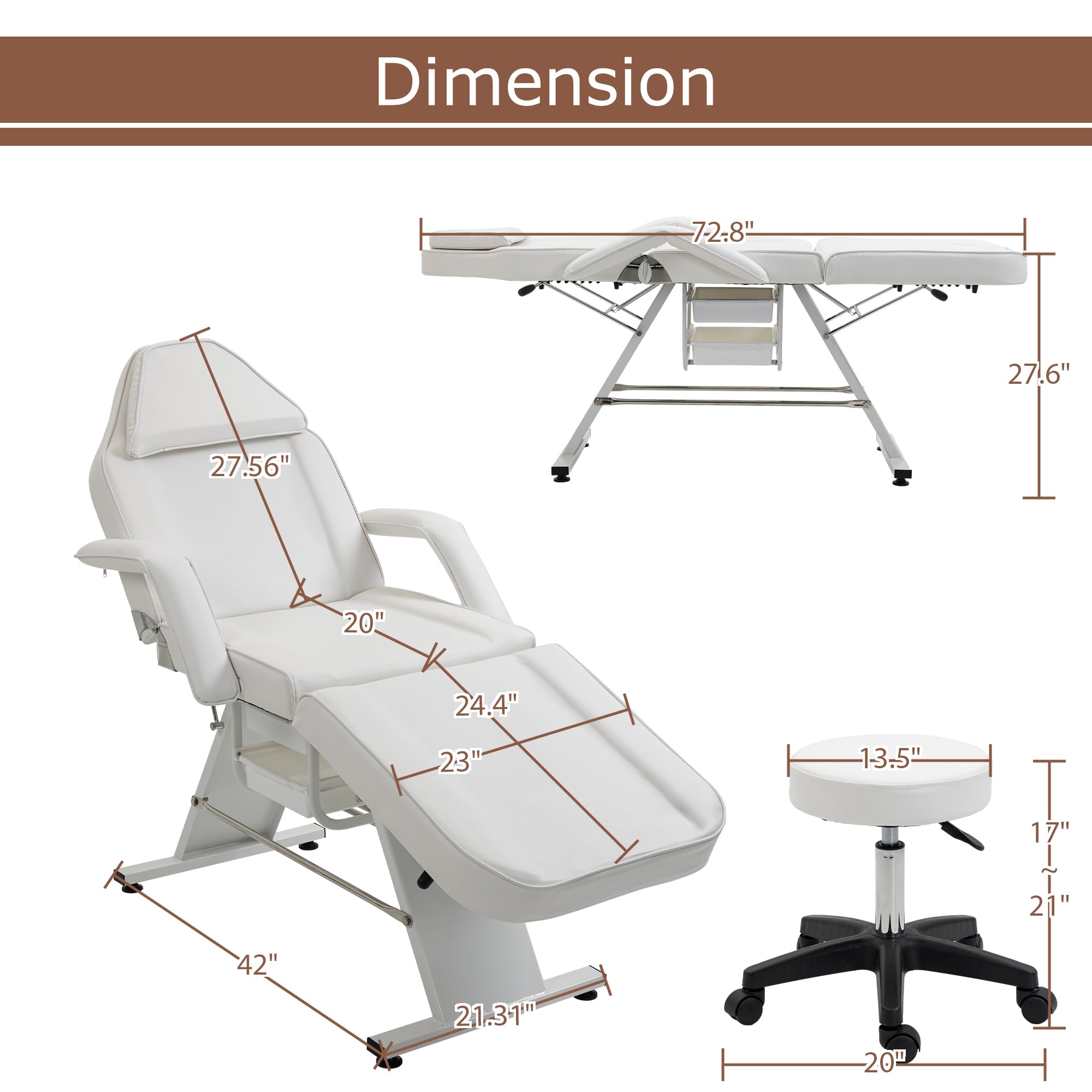 Massage Salon Tattoo Chair with Two Trays Esthetician Bed with Hydraulic Stool,Multi Purpose 3 Section Facial Bed Table, Adjustable Beauty Barber Spa Beauty Equipment, White