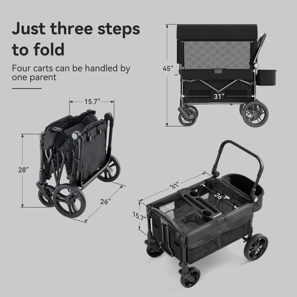 Fldofaves Wagon Stroller for Kids, 4-Seat Kid Wagon for Toddlers, Multi-Child Baby Wagon Stroller, Heavy-Duty Kids Wagon with Canopy, Large Foldable Toddler Stroller Wagon for Outdoor Travel