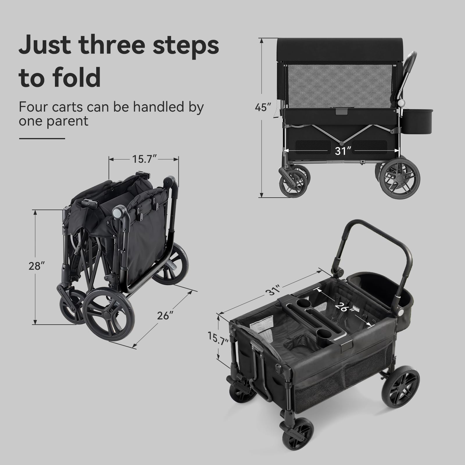 Fldofaves Wagon Stroller for Kids, 4-Seat Kid Wagon for Toddlers, Multi-Child Baby Wagon Stroller, Heavy-Duty Kids Wagon with Canopy, Large Foldable Toddler Stroller Wagon for Outdoor Travel
