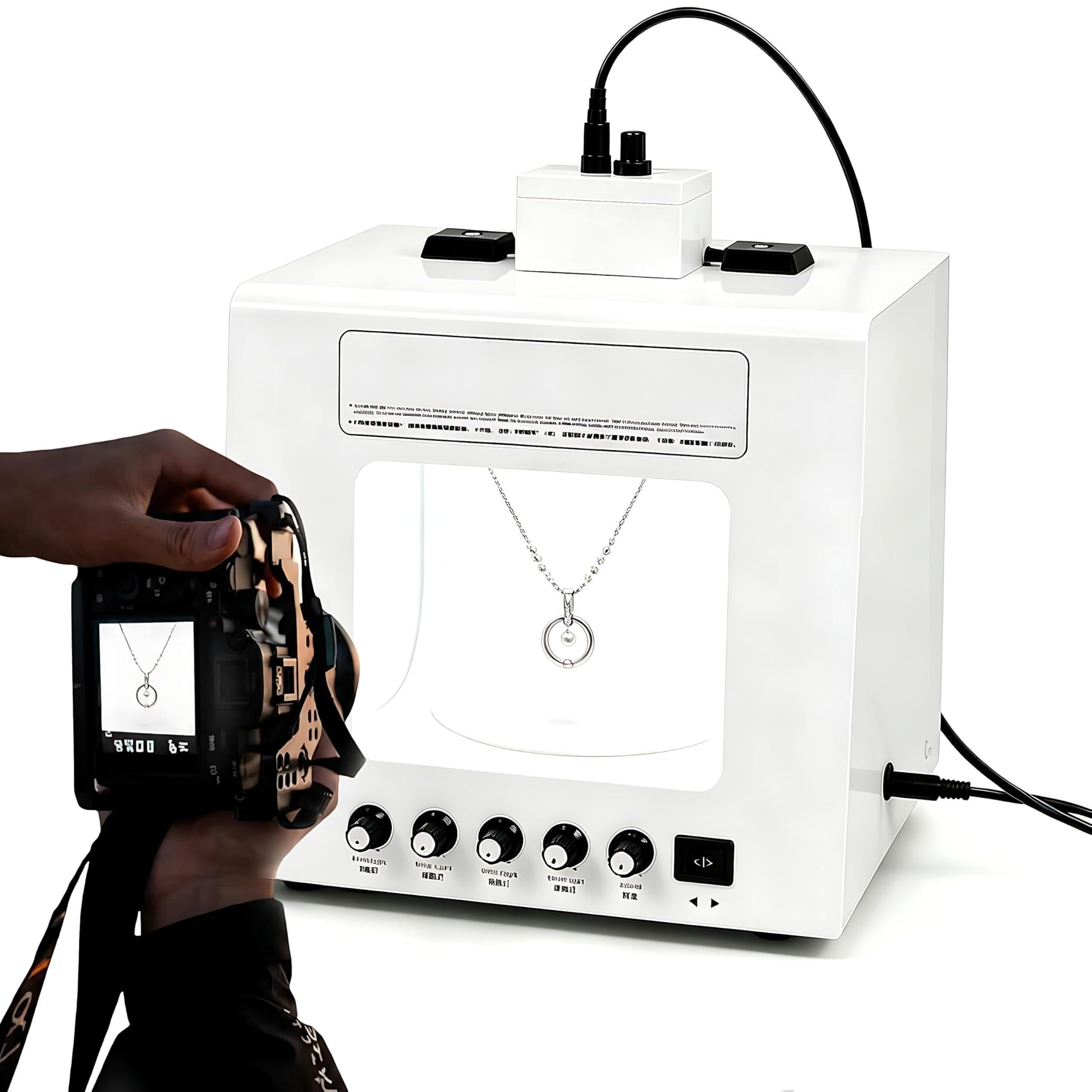 QIUNAOZI Jewelry Hanging Photography Kit, Pro Jewelry Photography Light Box Kit, Turntable Diameter 11/15cm, 4pcs Fill Lights, with 360° Electric Rotating Feature, for Jewelry, Small Items White-TB30