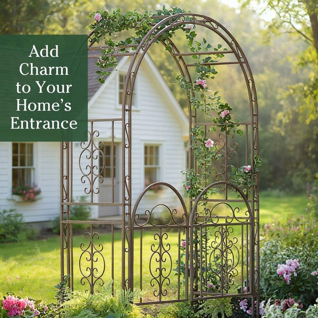 Plow & Hearth Arch Metal Outdoor Garden Arbor Double Gate | Montebello | 7 Feet Tall | Gunmetal Black | Steel Iron Trellis Lattice Climbing Plants & Heavy Vines