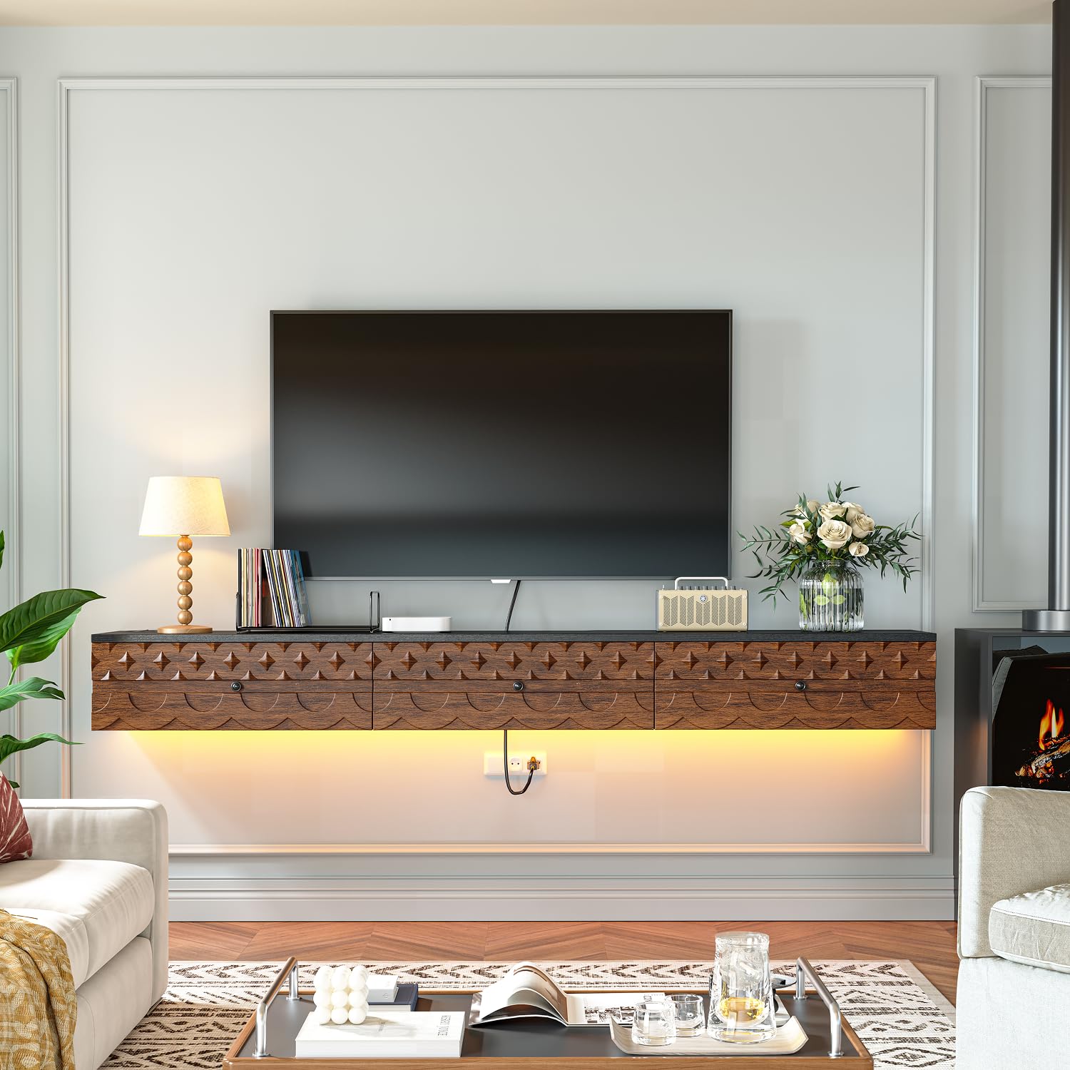 FurniNova 70'' Floating TV Stand Wall Mounted, Fully Assembled Media Console with 2 Drawers and 1 Door, Wall Mounted TV Cabinet,Carved Wood Design,Natural Wood Finish