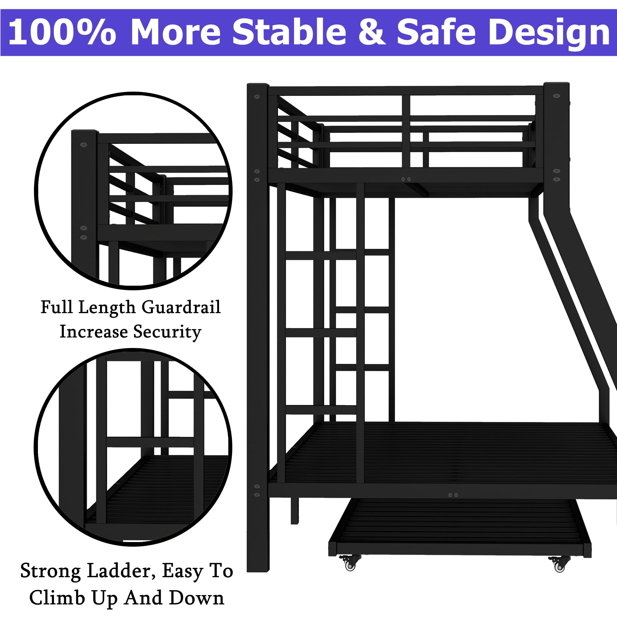 Heavy-Duty Metal Twin XL Over Queen Bunk Bed with Trundle for Teens Adults,Higher Quality Steel Queen Size BunkBed with 2 Vertical Ladders ,Noise Free for Small Bedroom, Weight Capacity 700LBS (Black)