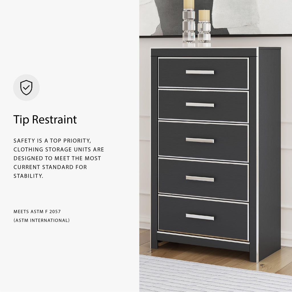 Signature Design by Ashley Ravalori Contemporary 5-Drawer Chest with Wood Finish, Black