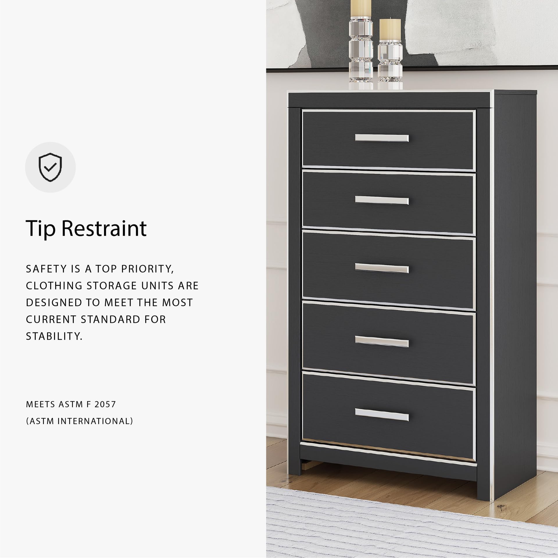 Signature Design by Ashley Ravalori Contemporary 5-Drawer Chest with Wood Finish, Black