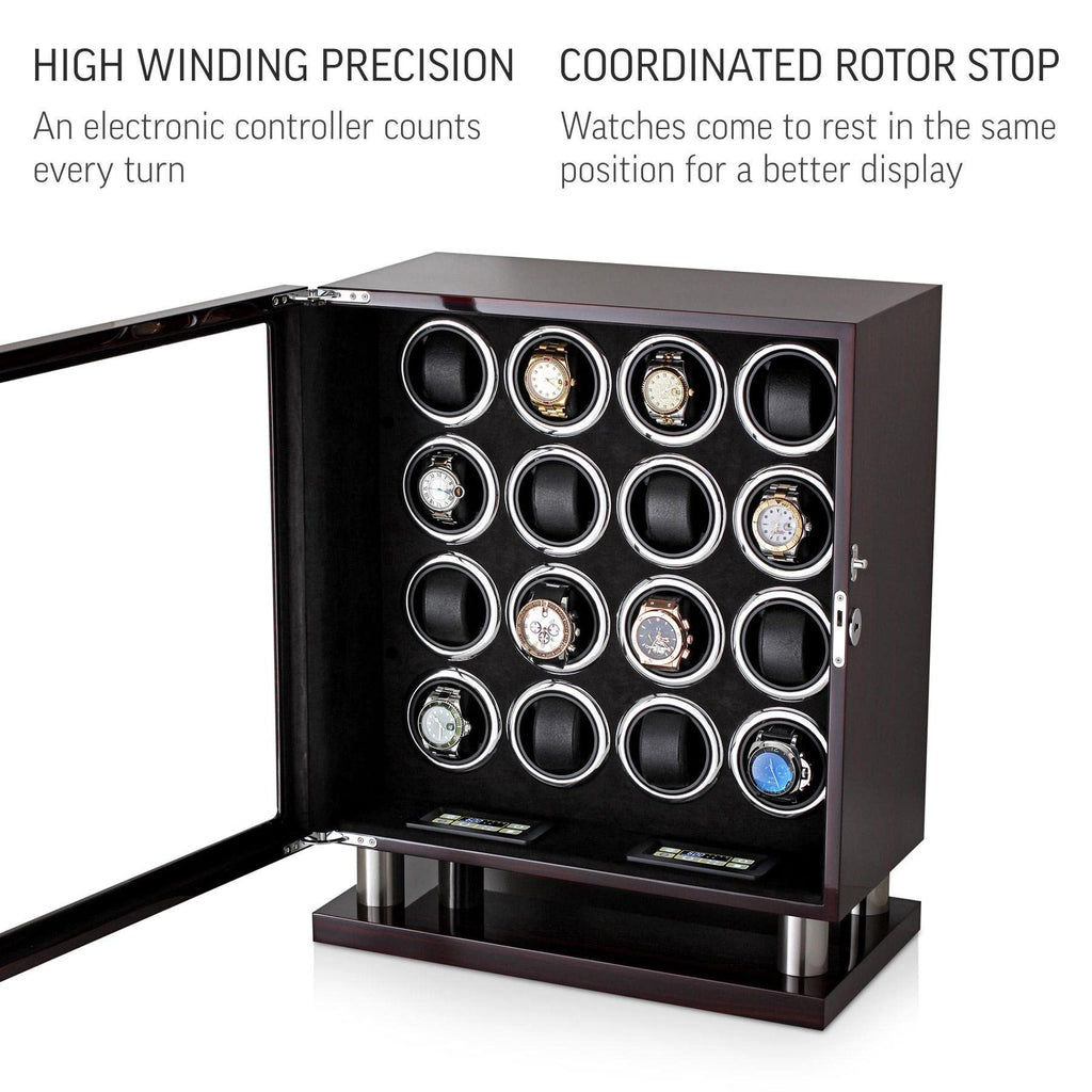 16 Watch Winder for Automatic Watches with LED Light and Coordinated Rotor Stop (Ebony)